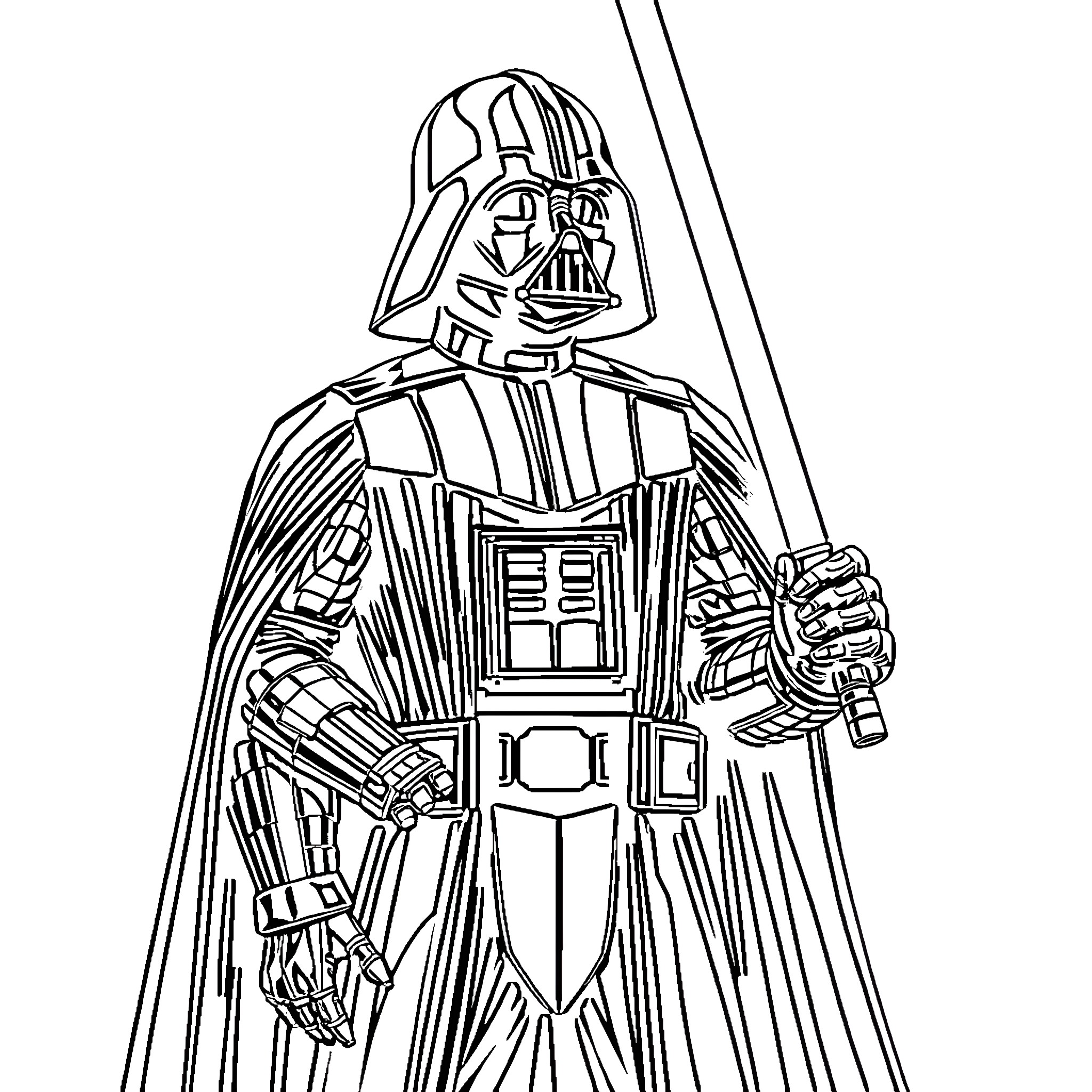 Darth Vader wielding lightsaber in menacing pose Coloring Page (free black-and-white line drawing printable PDF for all, from beginners to advanced learners, including children, teens, adults, and seniors)