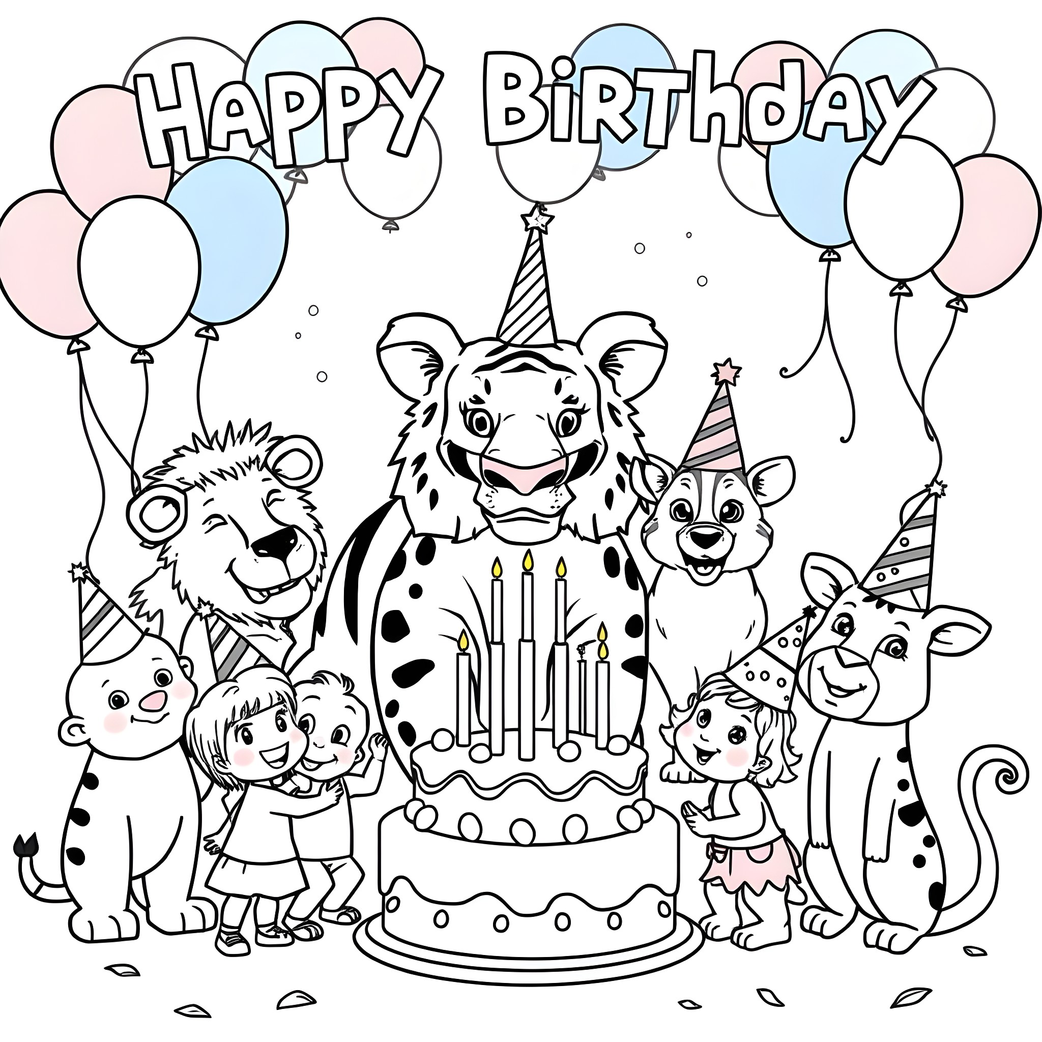 Zoo Animals Celebrating a Birthday Party with Balloons Coloring Page (free black-and-white line drawing printable PDF for all, from beginners to advanced learners, including children, teens, adults, and seniors)