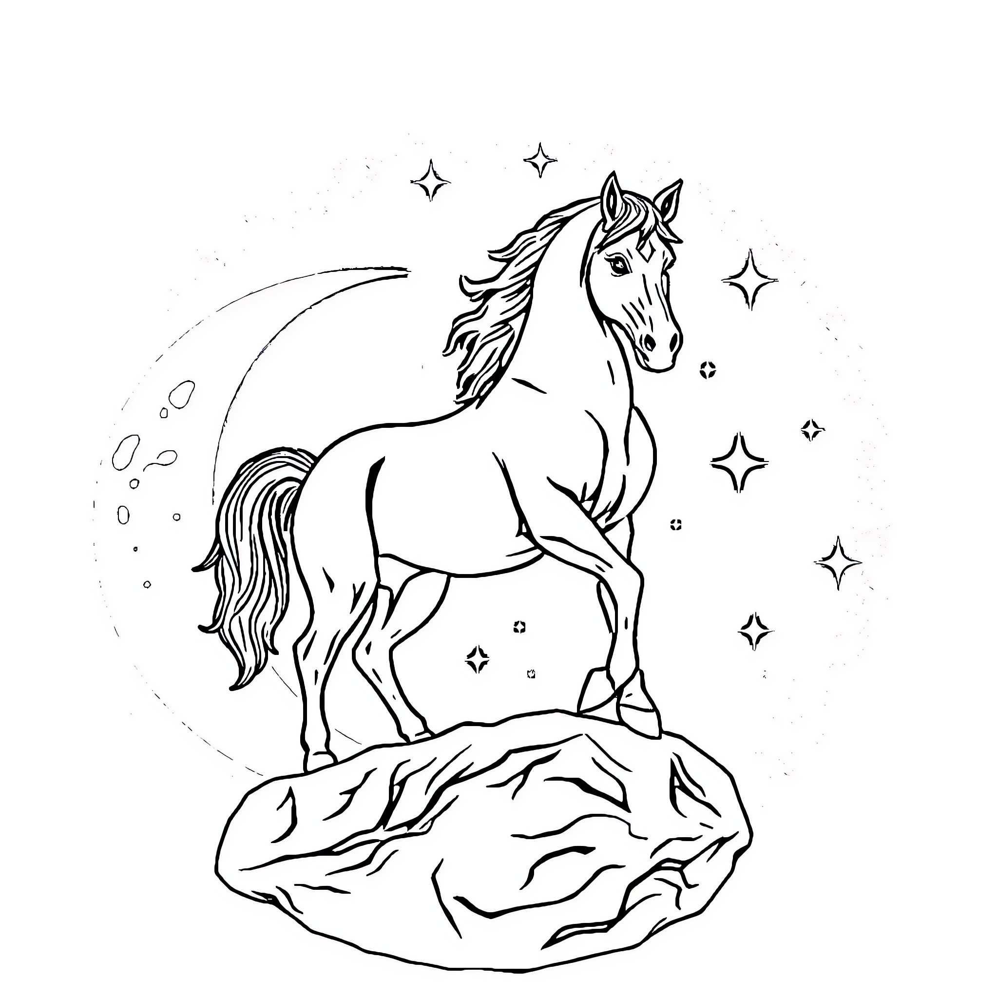 Horse standing proudly under the starry night sky Coloring Page (free black-and-white line drawing printable PDF for all, from beginners to advanced learners, including children, teens, adults, and seniors)
