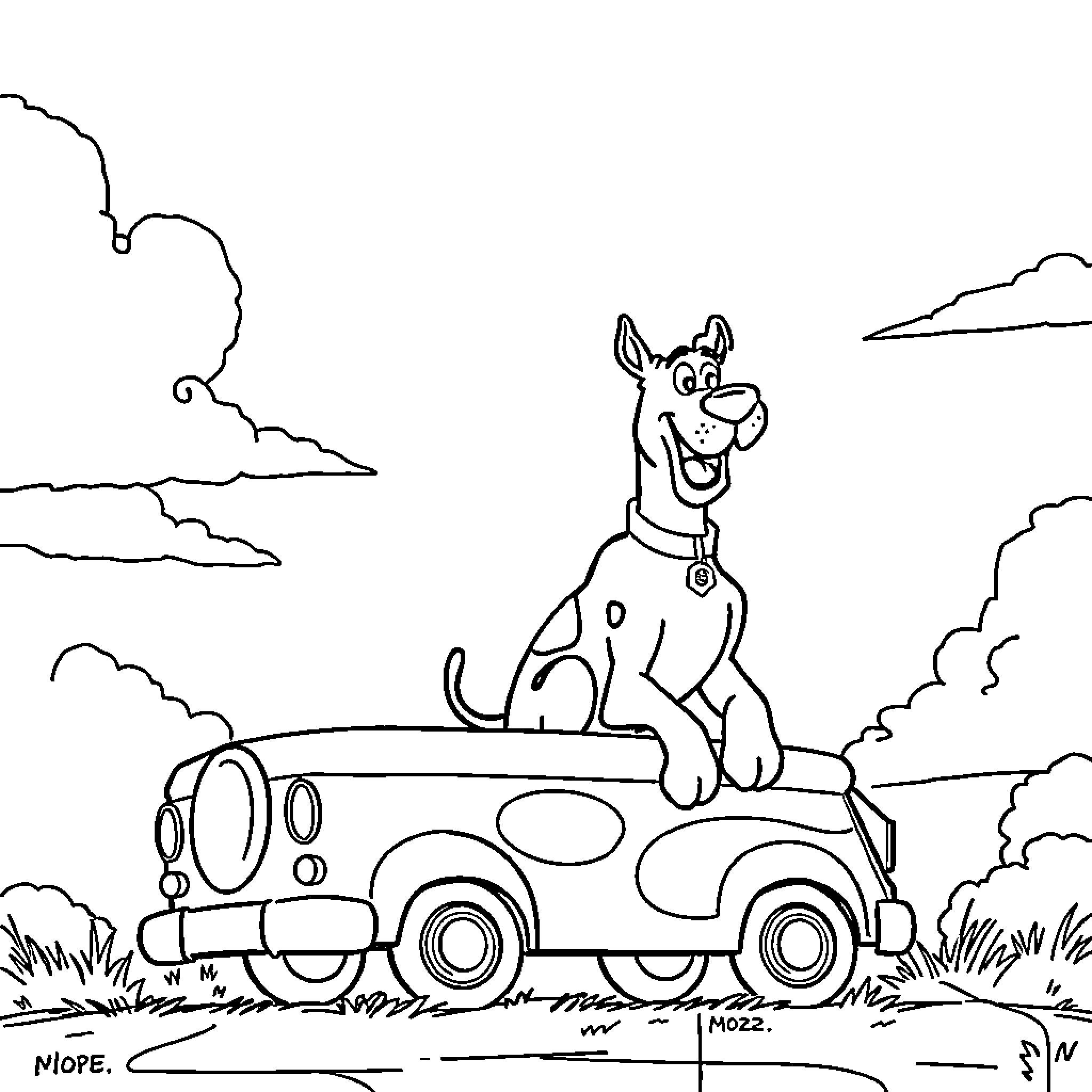 Scooby Doo's Adventurous Journey in His Trusty Vehicle Coloring Page (free black-and-white line drawing printable PDF for all, from beginners to advanced learners, including children, teens, adults, and seniors)