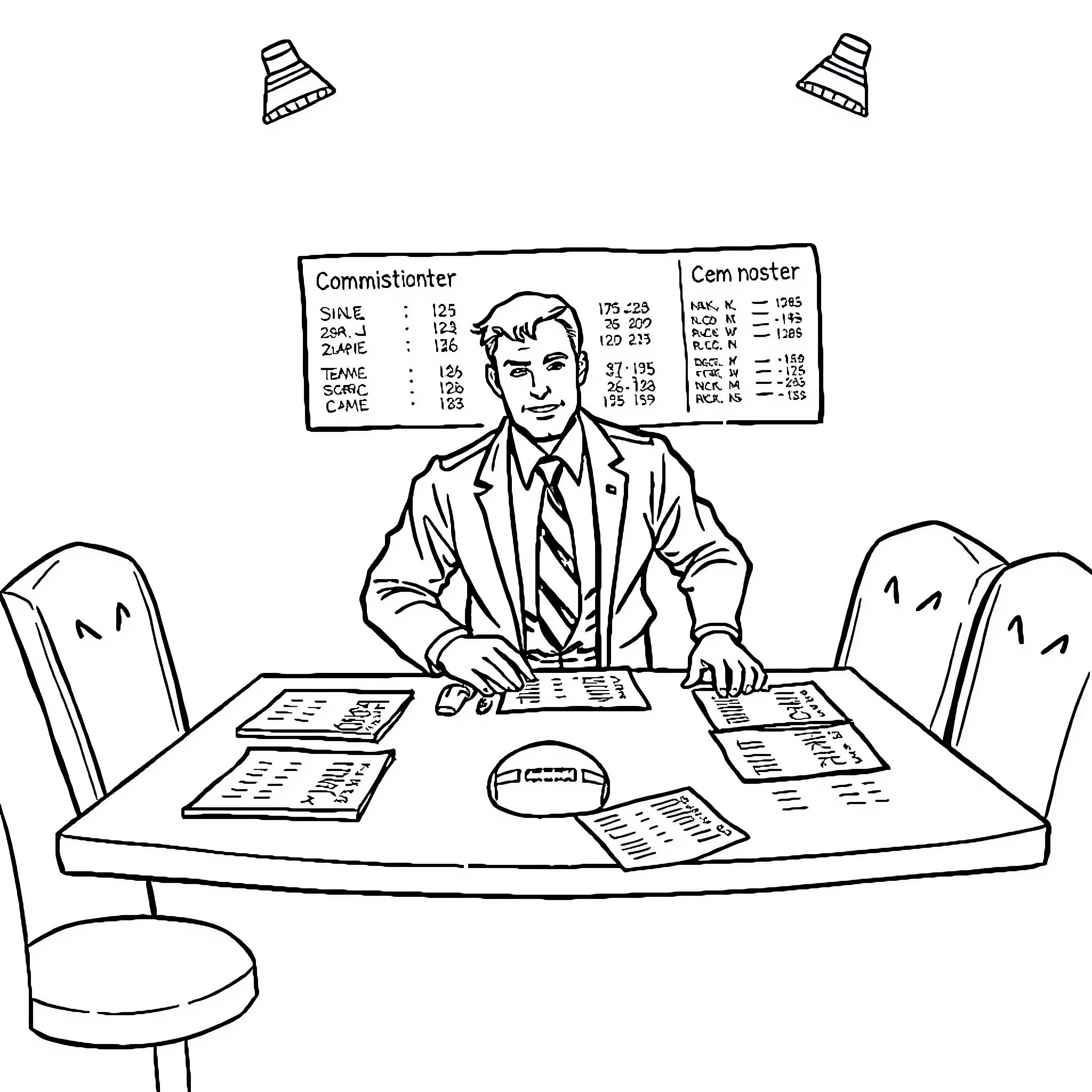 Football Commissioner reviews game statistics and reports Coloring Page (free black-and-white line drawing printable PDF for all, from beginners to advanced learners, including children, teens, adults, and seniors)