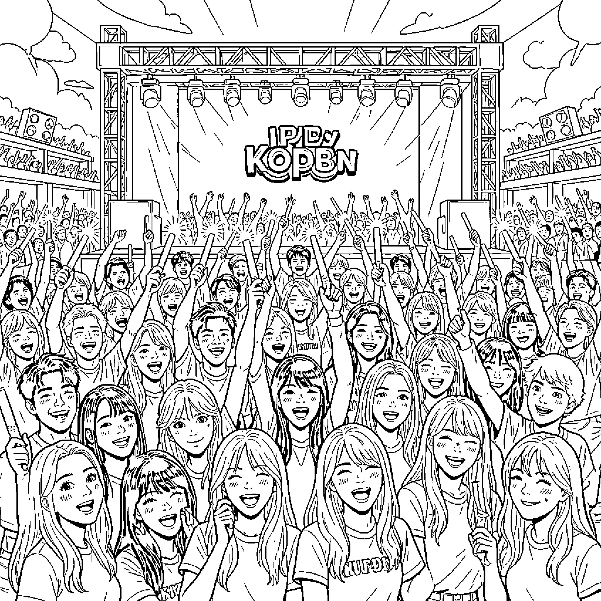 Kpop fans cheering enthusiastically at a live concert Coloring Page (free black-and-white line drawing printable PDF for all, from beginners to advanced learners, including children, teens, adults, and seniors)