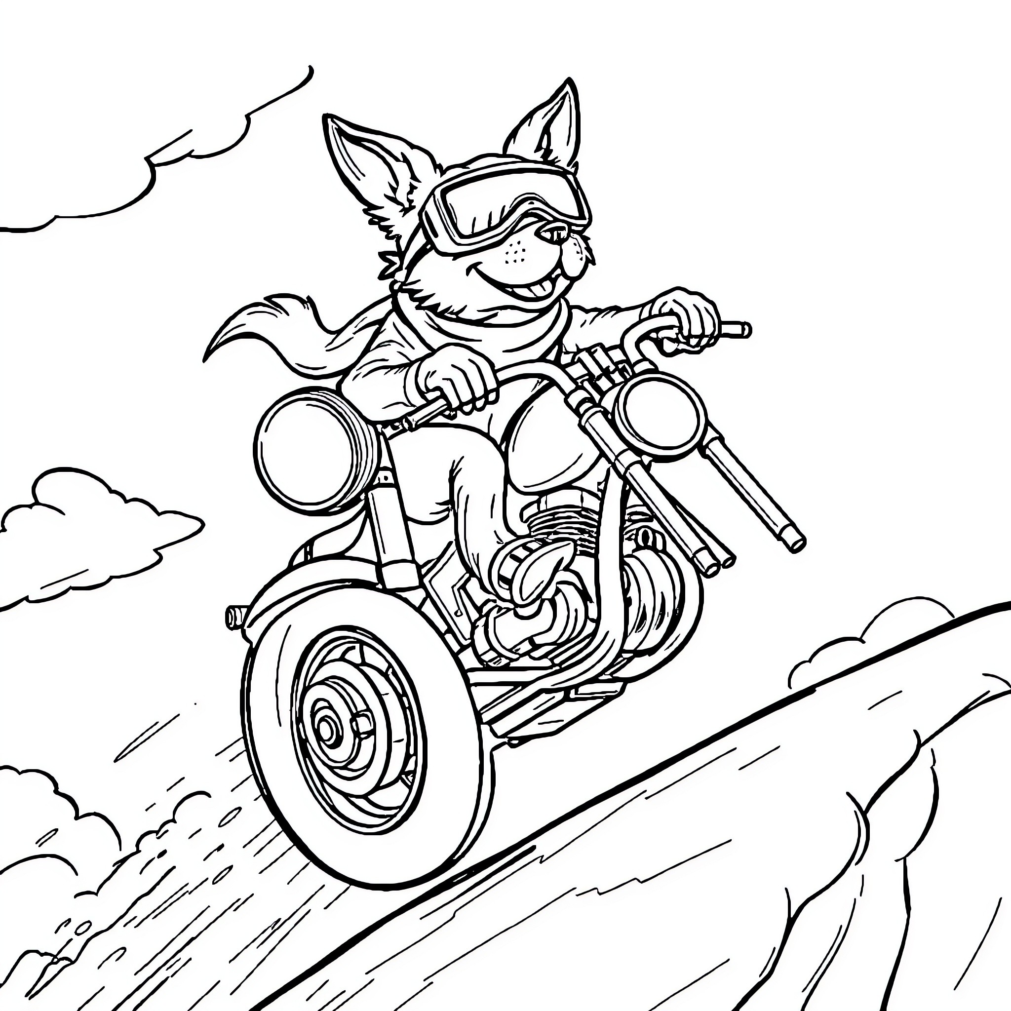 Dog riding motorcycle in the clouds Coloring Page (free black-and-white line drawing printable PDF for all, from beginners to advanced learners, including children, teens, adults, and seniors)