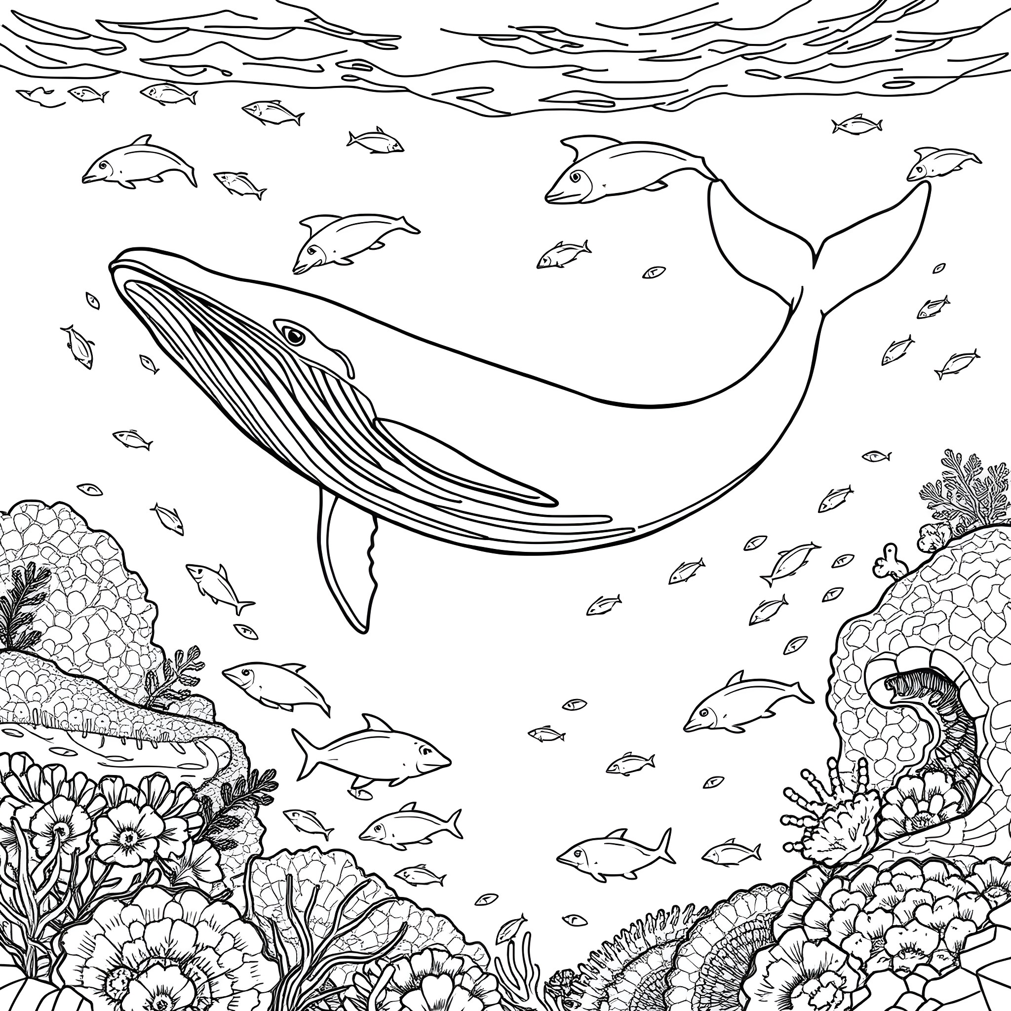 Blue Whale Exploring the Underwater Coral Reef Coloring Page (free black-and-white line drawing printable PDF for all, from beginners to advanced learners, including children, teens, adults, and seniors)
