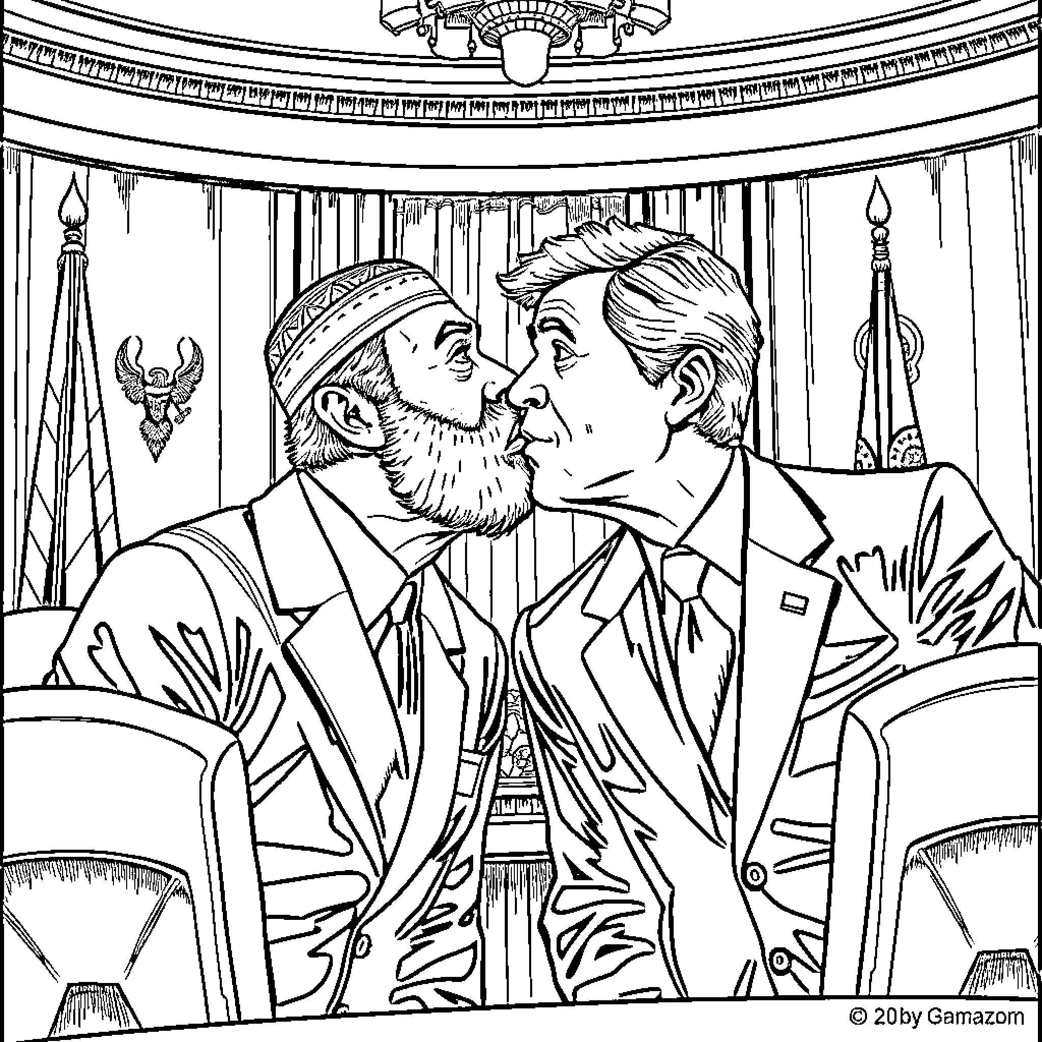 Saddam Hussein and Donald Trump in political confrontation Coloring Page (free black-and-white line drawing printable PDF for all, from beginners to advanced learners, including children, teens, adults, and seniors)