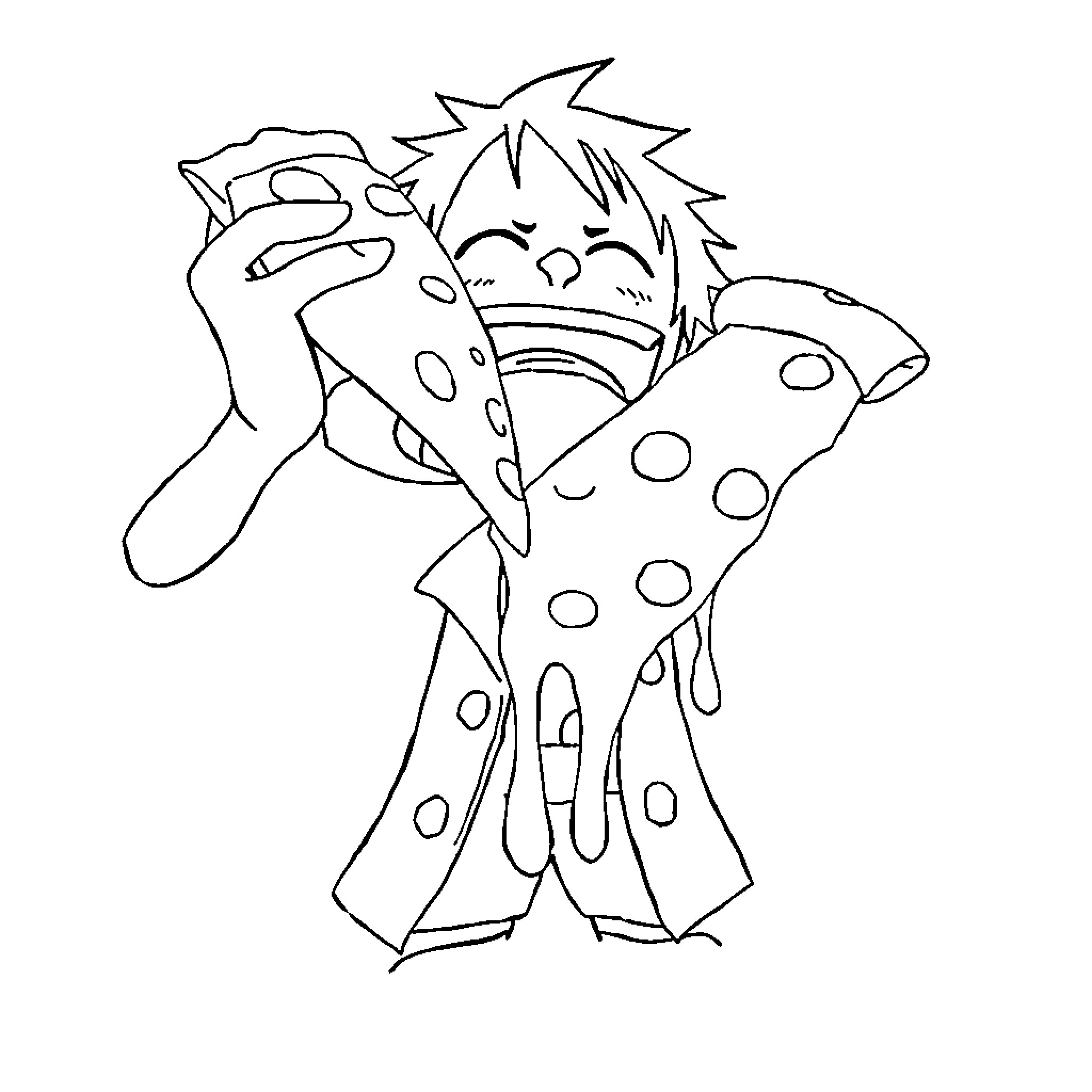 Luffy in a quirky, energetic pose Coloring Page (free black-and-white line drawing printable PDF for all, from beginners to advanced learners, including children, teens, adults, and seniors)