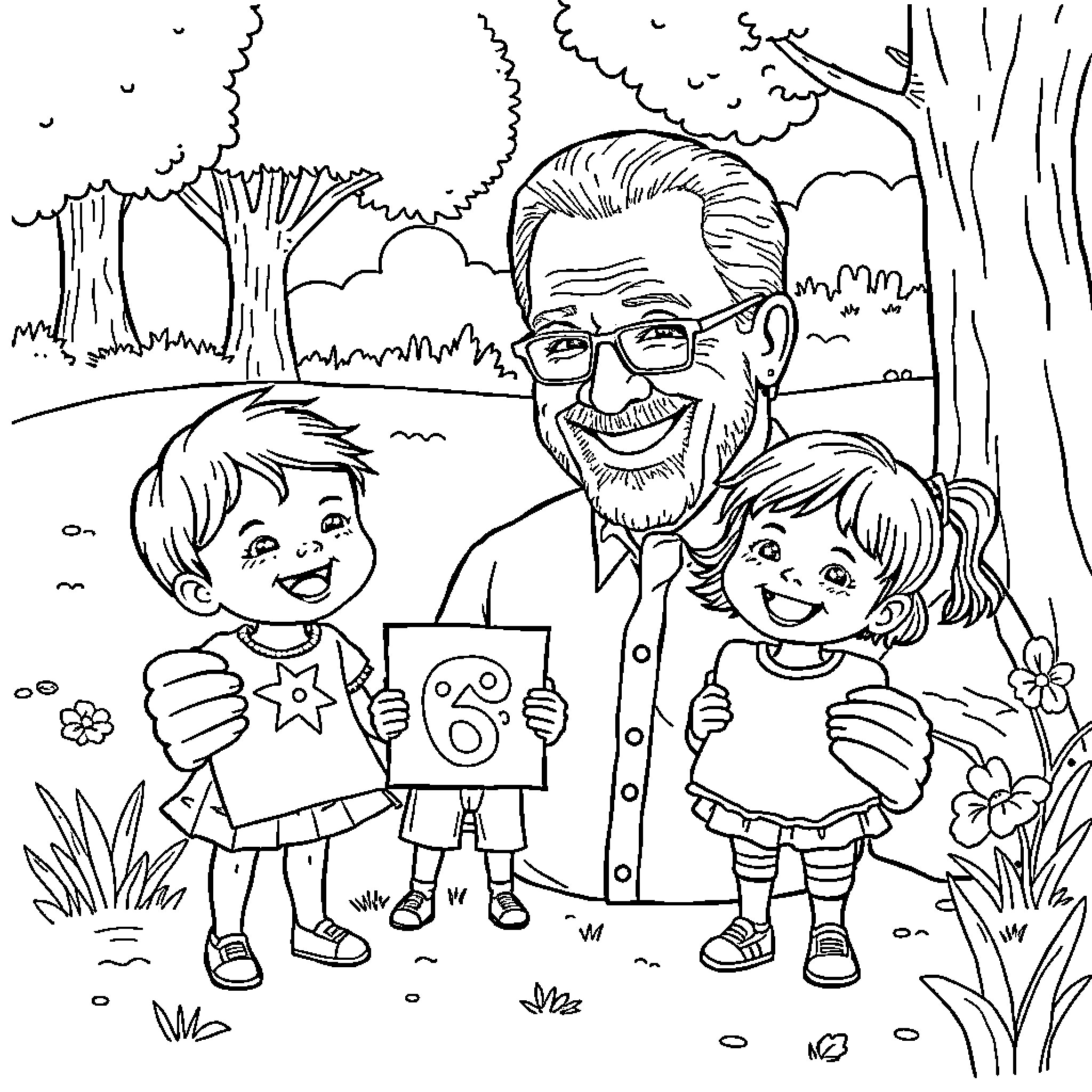 Biden Spending Quality Time with Children in Outdoor Setting Coloring Page (free black-and-white line drawing printable PDF for all, from beginners to advanced learners, including children, teens, adults, and seniors)