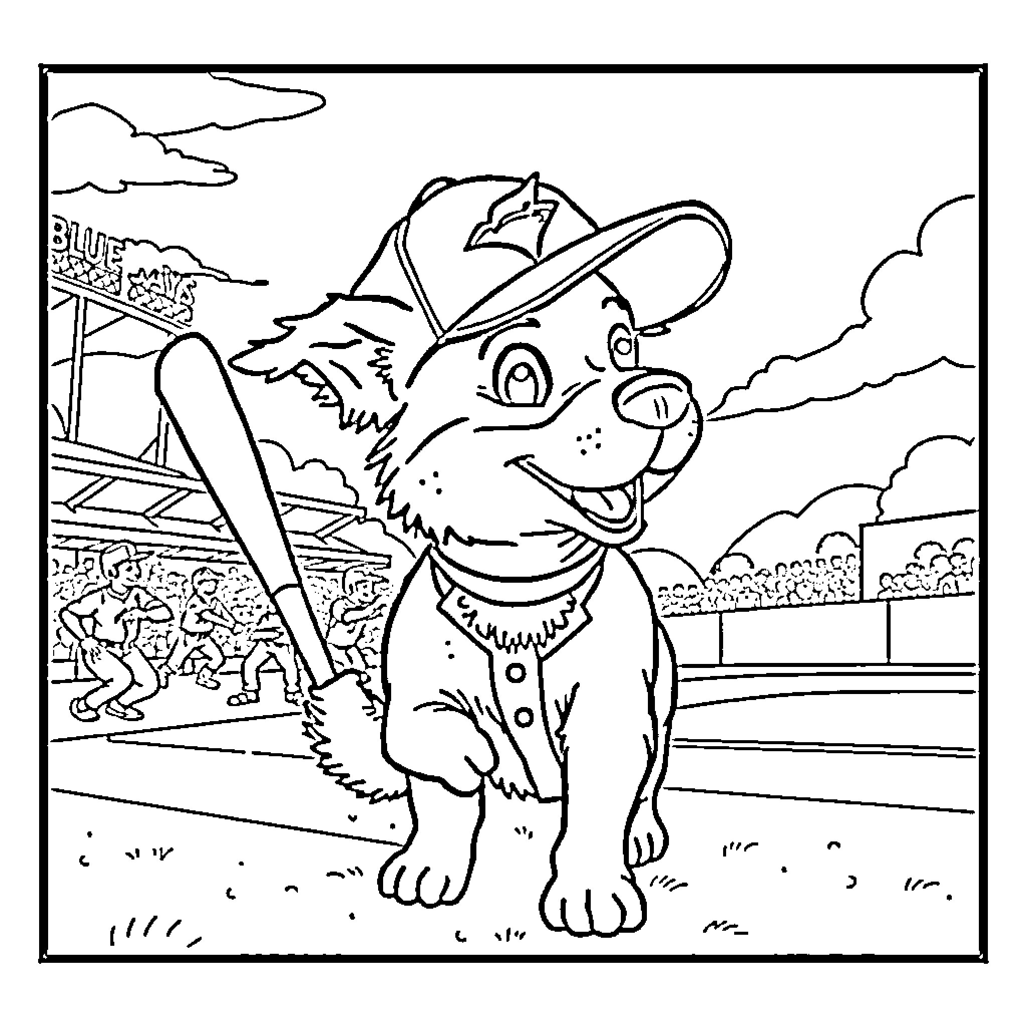 Cheems playing baseball in the park Coloring Page (free black-and-white line drawing printable PDF for all, from beginners to advanced learners, including children, teens, adults, and seniors)