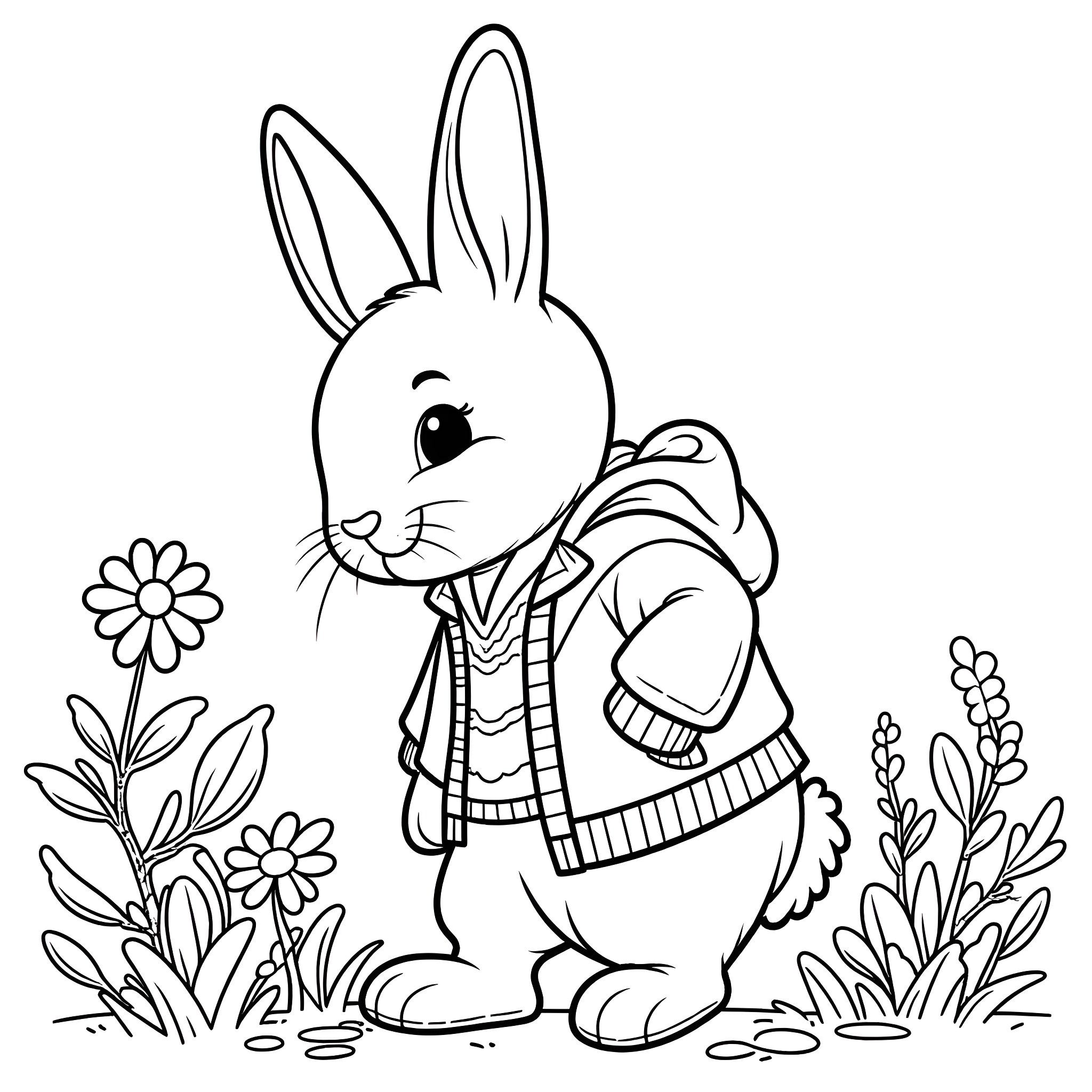 Peter Rabbit in a Flower Garden Coloring Page (free black-and-white line drawing printable PDF for all, from beginners to advanced learners, including children, teens, adults, and seniors)