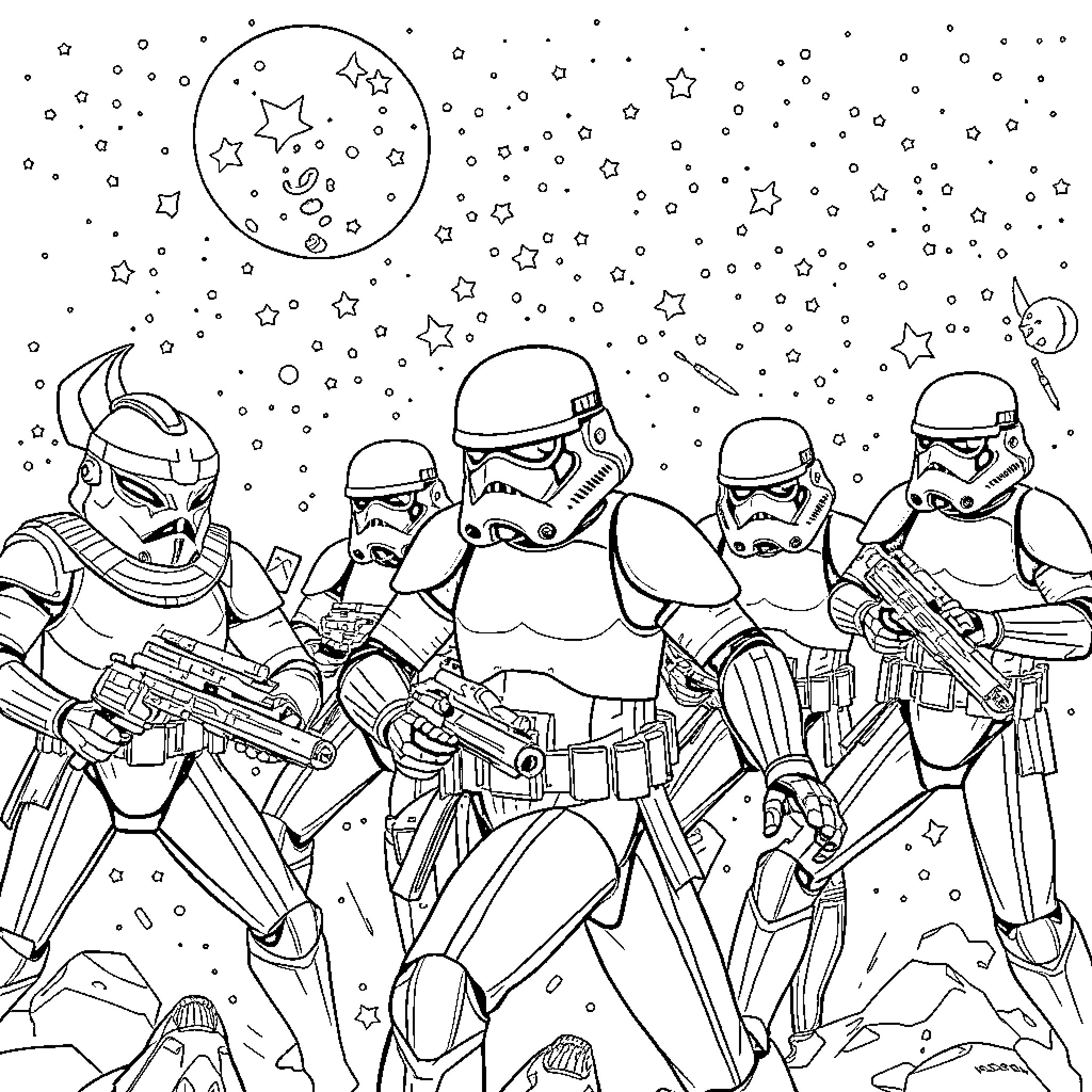 Stormtroopers on patrol in the starry night Coloring Page (free black-and-white line drawing printable PDF for all, from beginners to advanced learners, including children, teens, adults, and seniors)