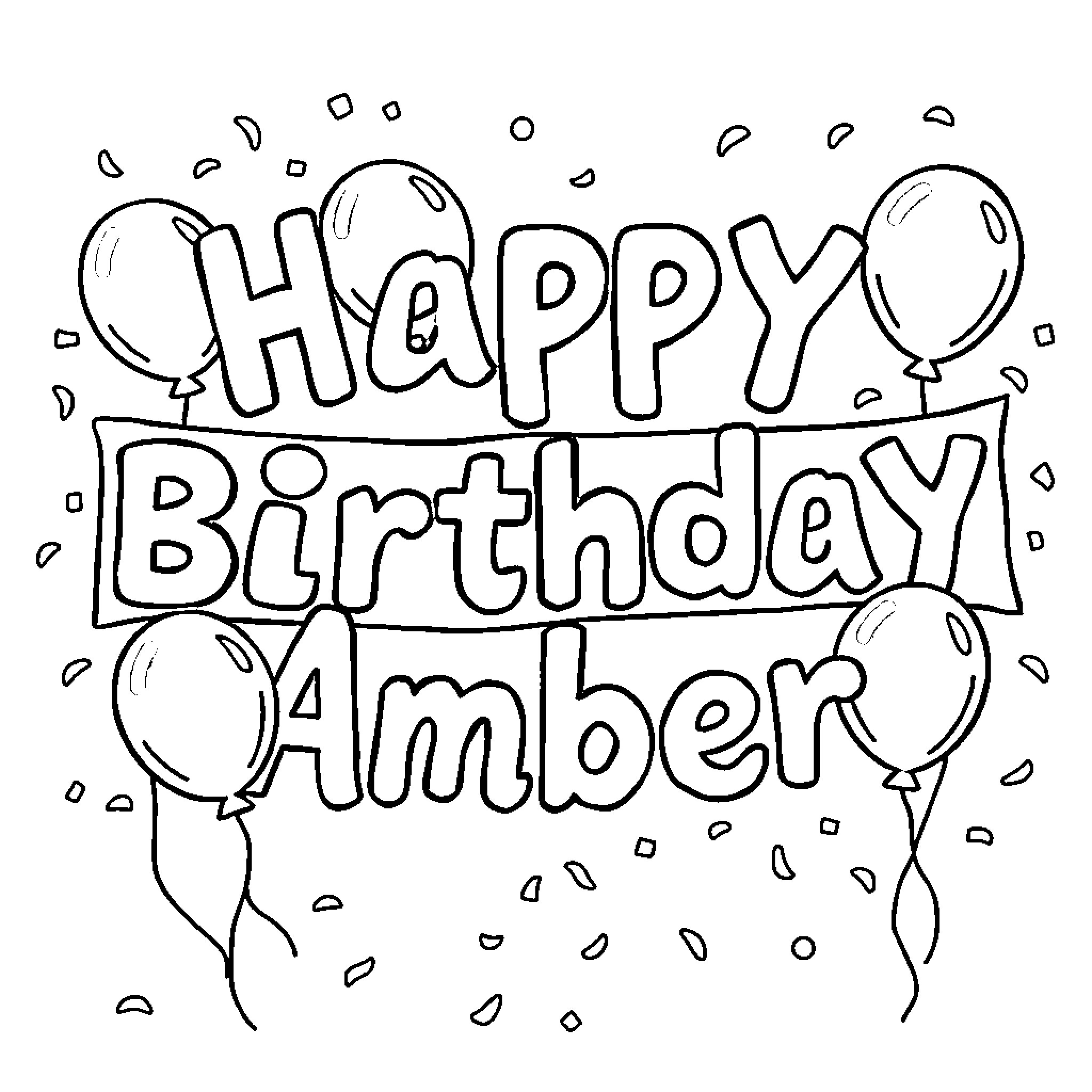 Birthday wishes for Amber with balloons Coloring Page (free black-and-white line drawing printable PDF for all, from beginners to advanced learners, including children, teens, adults, and seniors)