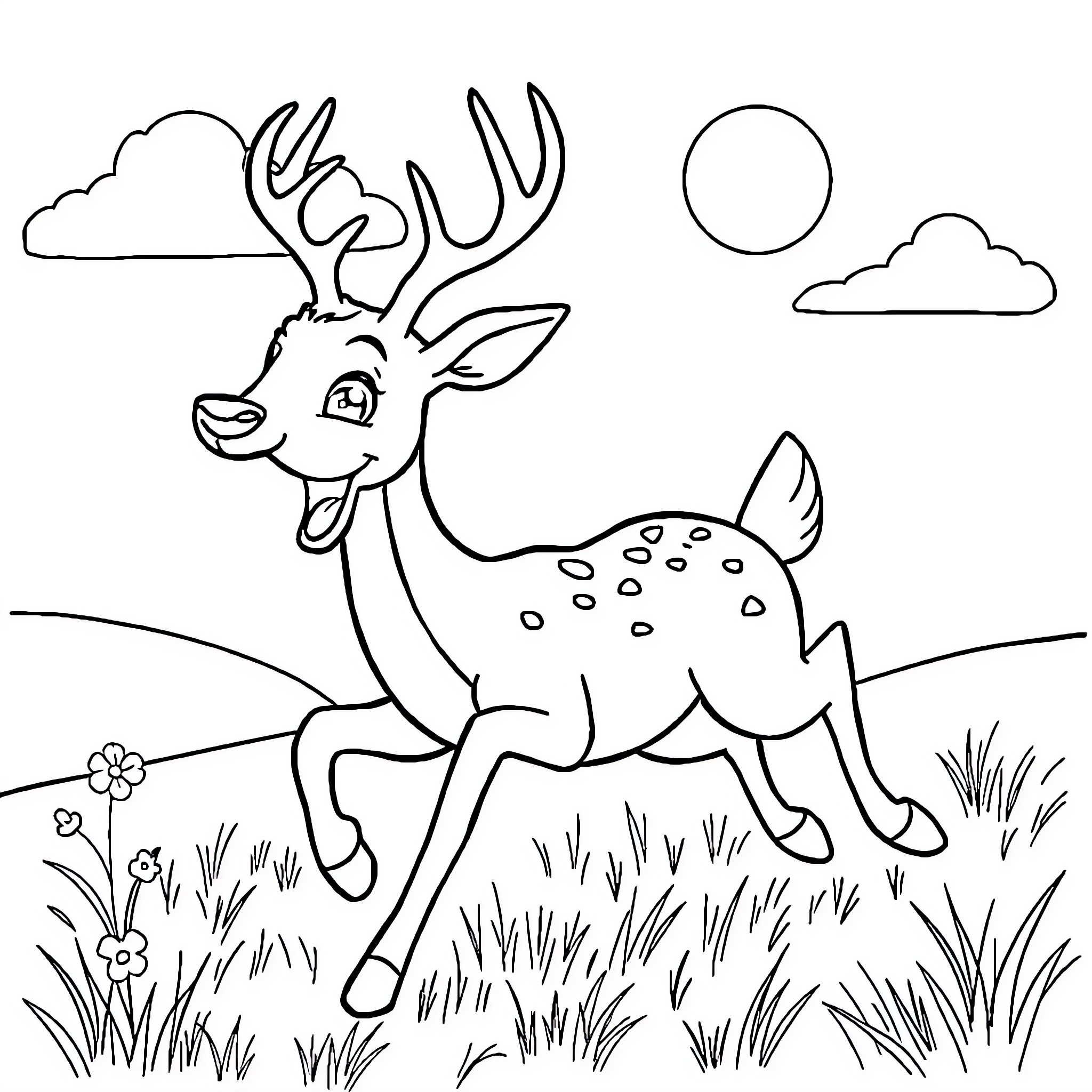 Deer enjoying the outdoors on a sunny day Coloring Page (free black-and-white line drawing printable PDF for all, from beginners to advanced learners, including children, teens, adults, and seniors)
