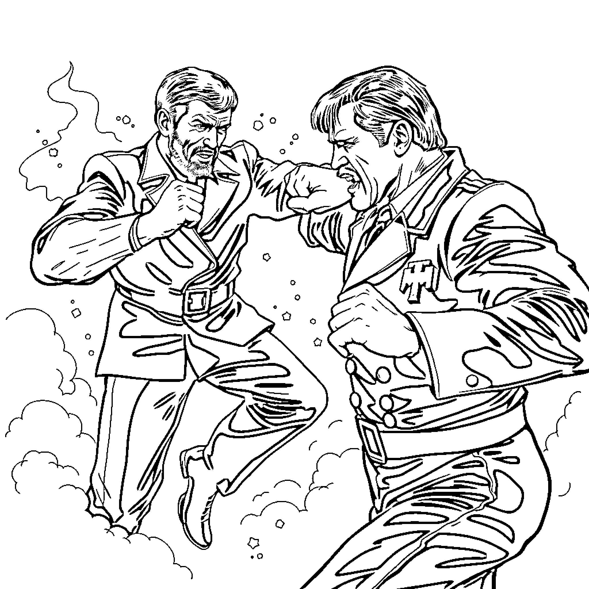 Chuck Norris' Heroic Fistfight with Daring Adversaries Coloring Page (free black-and-white line drawing printable PDF for all, from beginners to advanced learners, including children, teens, adults, and seniors)