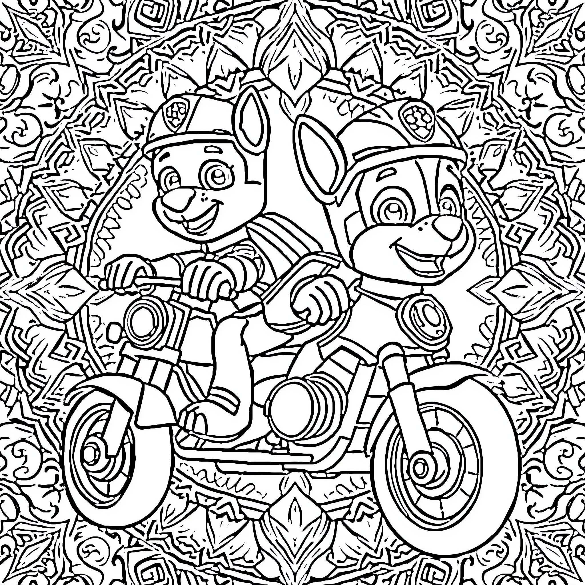 Dog riding a motorcycle with a friend Coloring Page (free black-and-white line drawing printable PDF for all, from beginners to advanced learners, including children, teens, adults, and seniors)