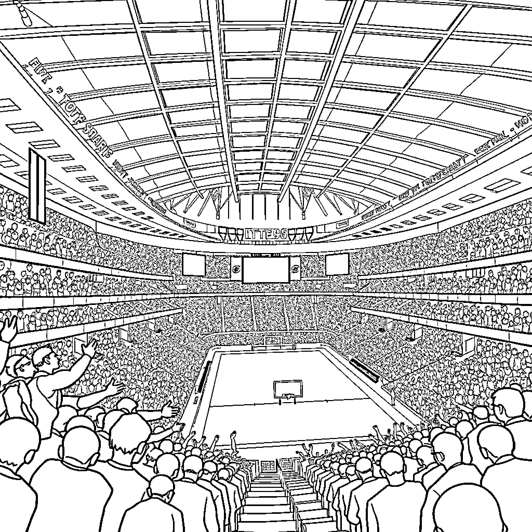 Stadium filled with excited spectators Coloring Page (free black-and-white line drawing printable PDF for all, from beginners to advanced learners, including children, teens, adults, and seniors)