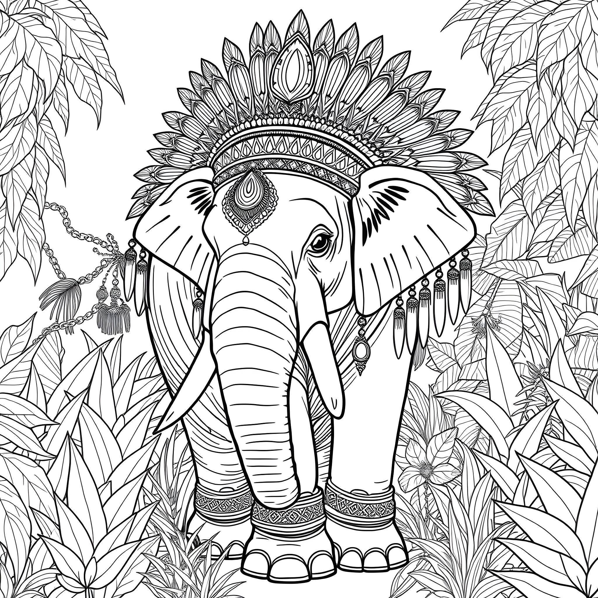 Elephant wearing an intricate headdress in the jungle Coloring Page (free black-and-white line drawing printable PDF for all, from beginners to advanced learners, including children, teens, adults, and seniors)