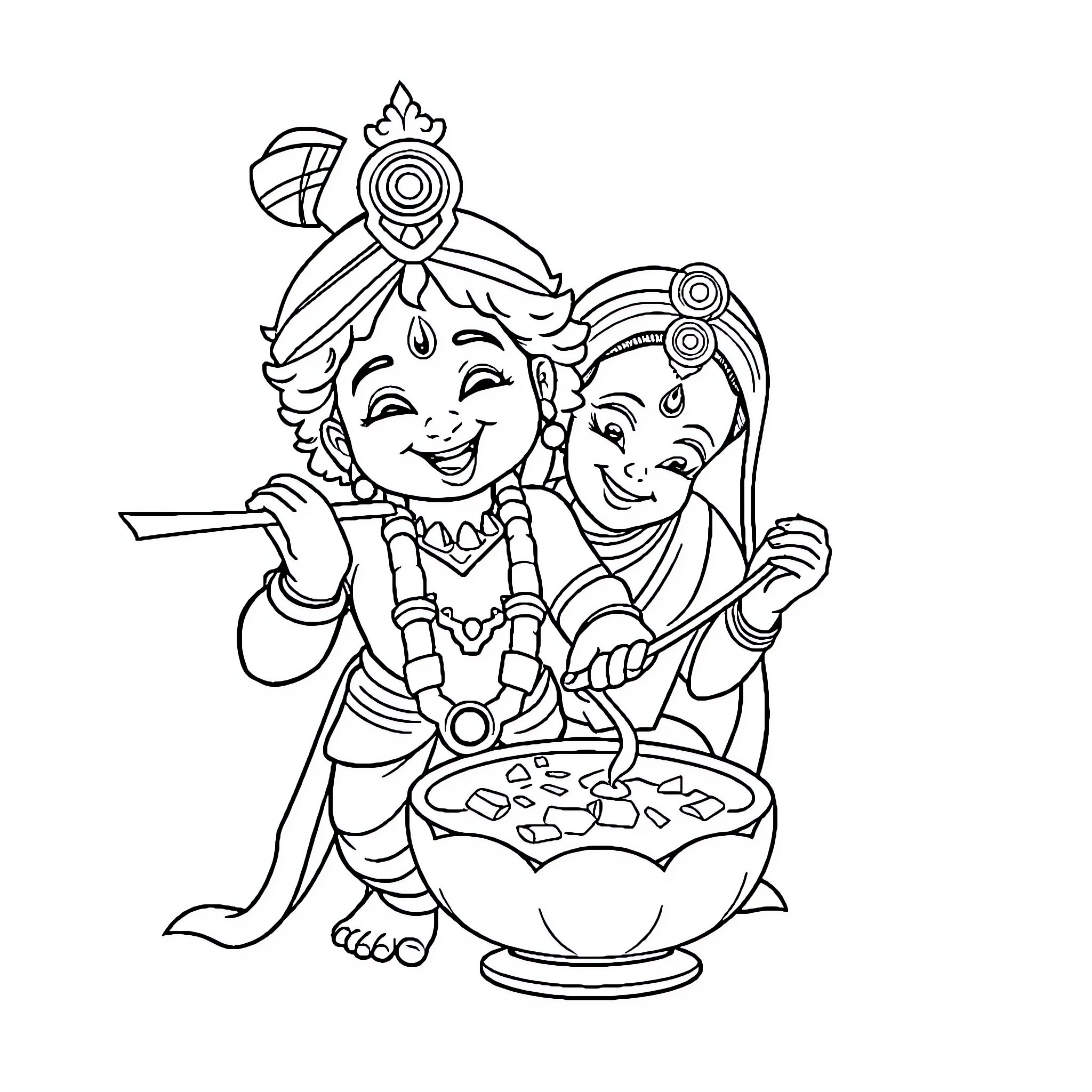 Lord Krishna and Radha Enjoying Sweets Together Coloring Page (free black-and-white line drawing printable PDF for all, from beginners to advanced learners, including children, teens, adults, and seniors)