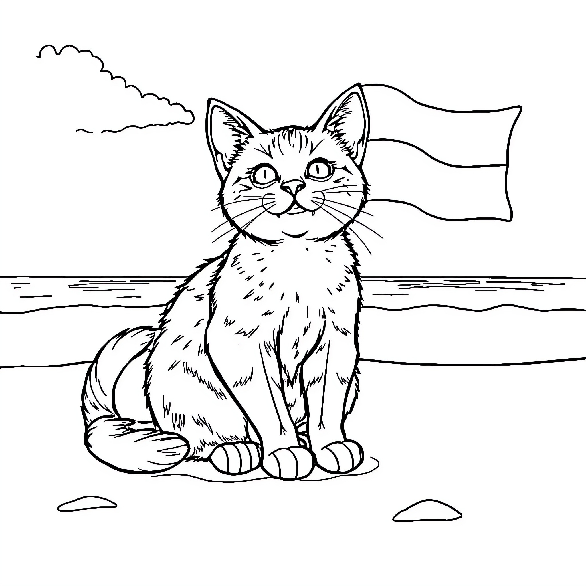 Cat enjoying the beach view Coloring Page (free black-and-white line drawing printable PDF for all, from beginners to advanced learners, including children, teens, adults, and seniors)