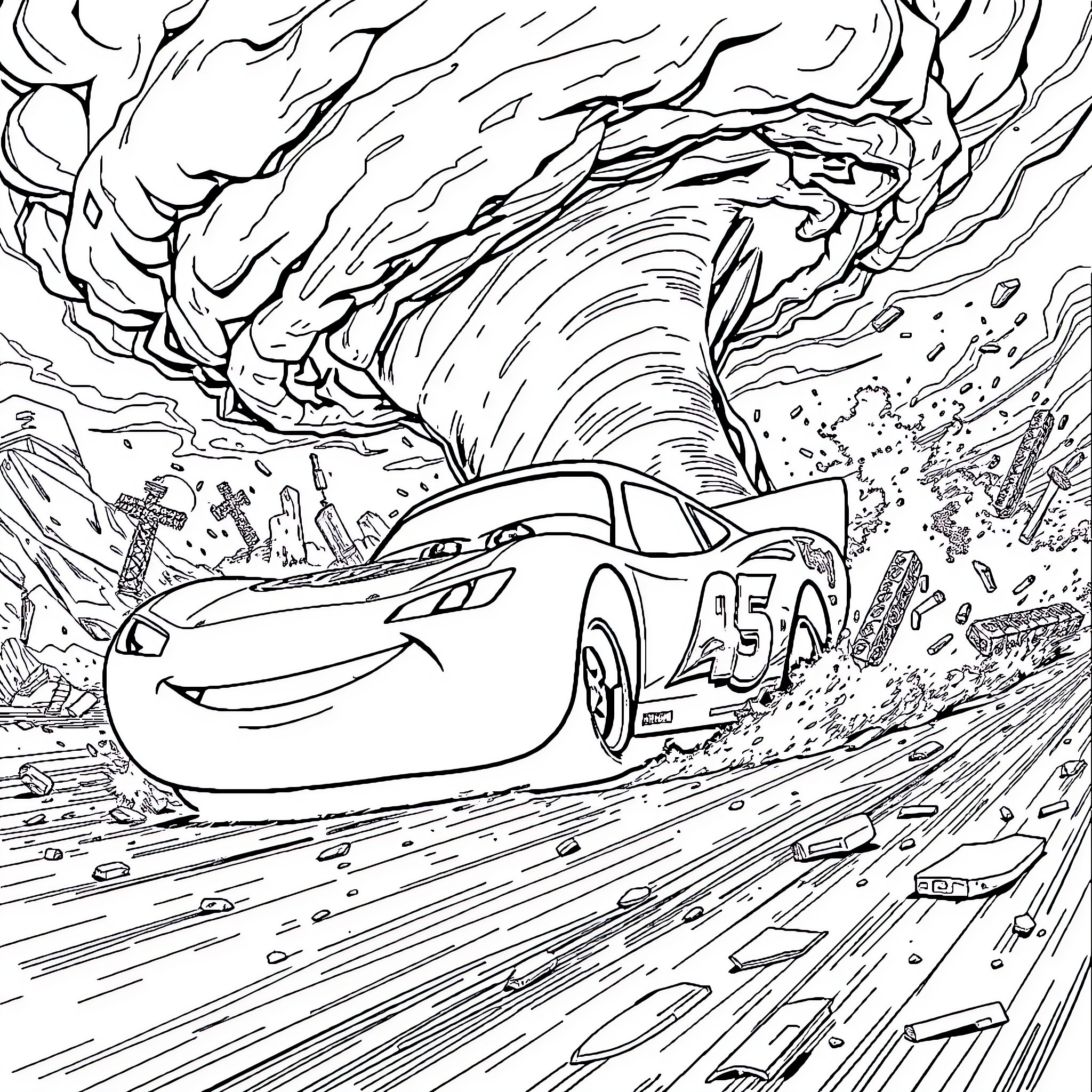 Lightning McQueen racing through a thrilling storm Coloring Page (free black-and-white line drawing printable PDF for all, from beginners to advanced learners, including children, teens, adults, and seniors)