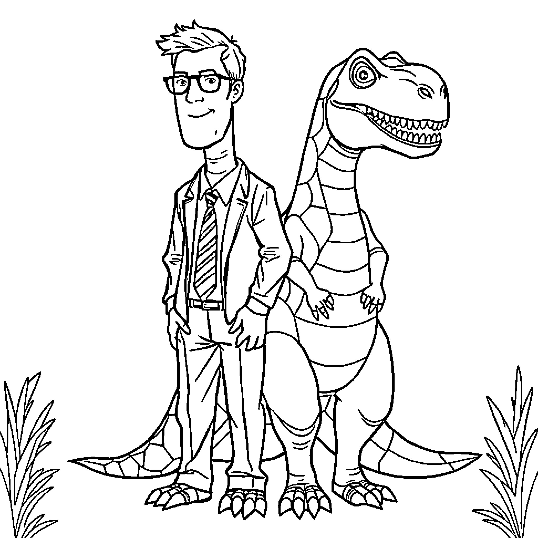 Dinosaur and businessman stand together Coloring Page (free black-and-white line drawing printable PDF for all, from beginners to advanced learners, including children, teens, adults, and seniors)