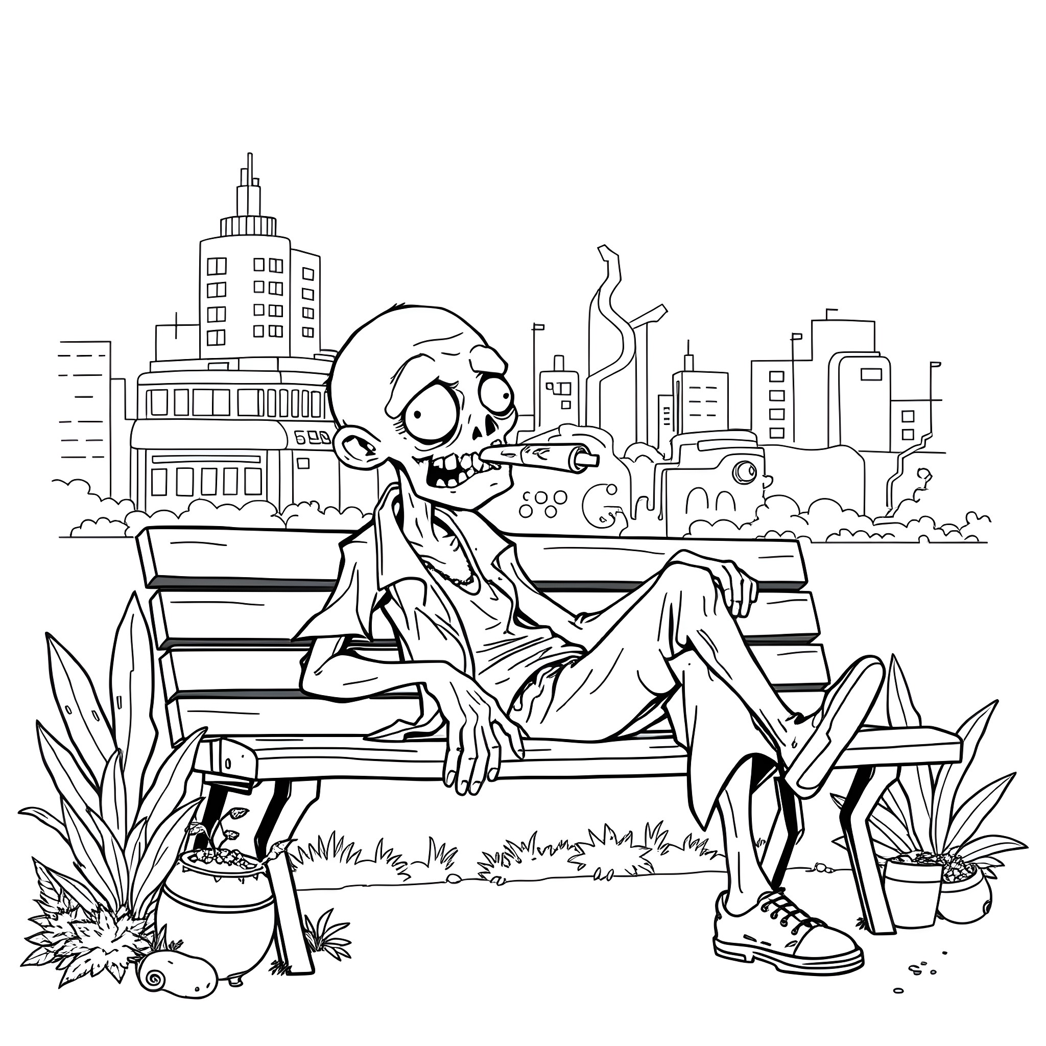 Zombie resting on a park bench in a city Coloring Page (free black-and-white line drawing printable PDF for all, from beginners to advanced learners, including children, teens, adults, and seniors)