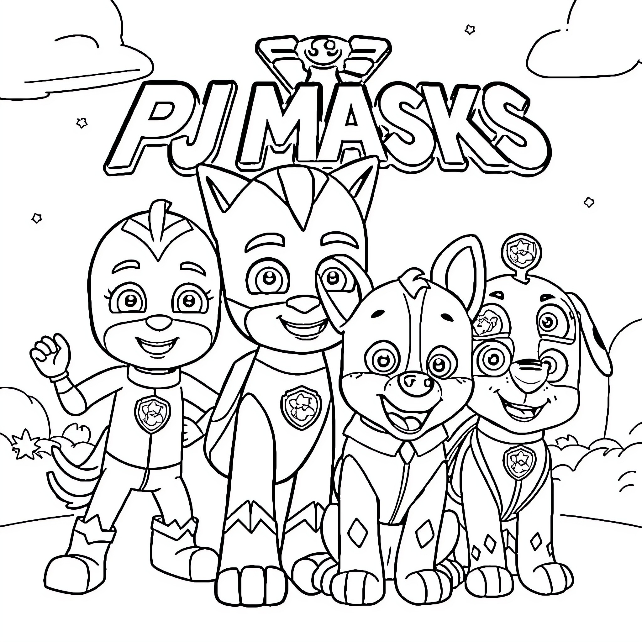 Pj Masks and Paw Patrol characters posing together Coloring Page (free black-and-white line drawing printable PDF for all, from beginners to advanced learners, including children, teens, adults, and seniors)