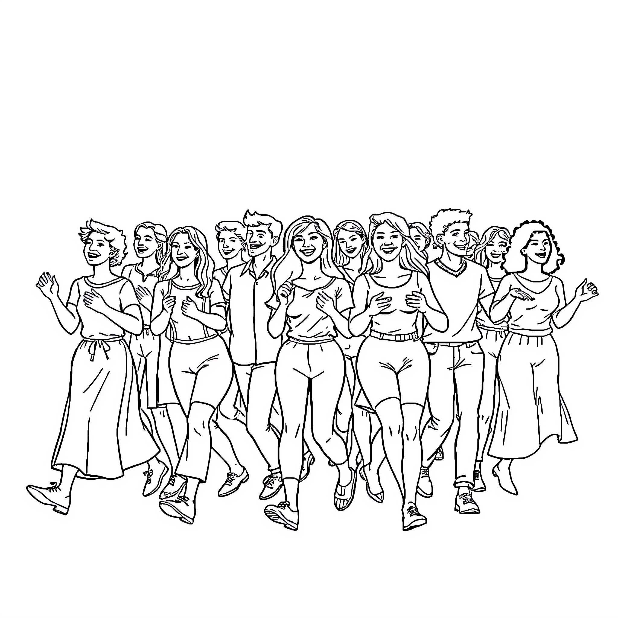 Wanna Marchi's Women Celebrating Vibrant Sisterhood Coloring Page (free black-and-white line drawing printable PDF for all, from beginners to advanced learners, including children, teens, adults, and seniors)