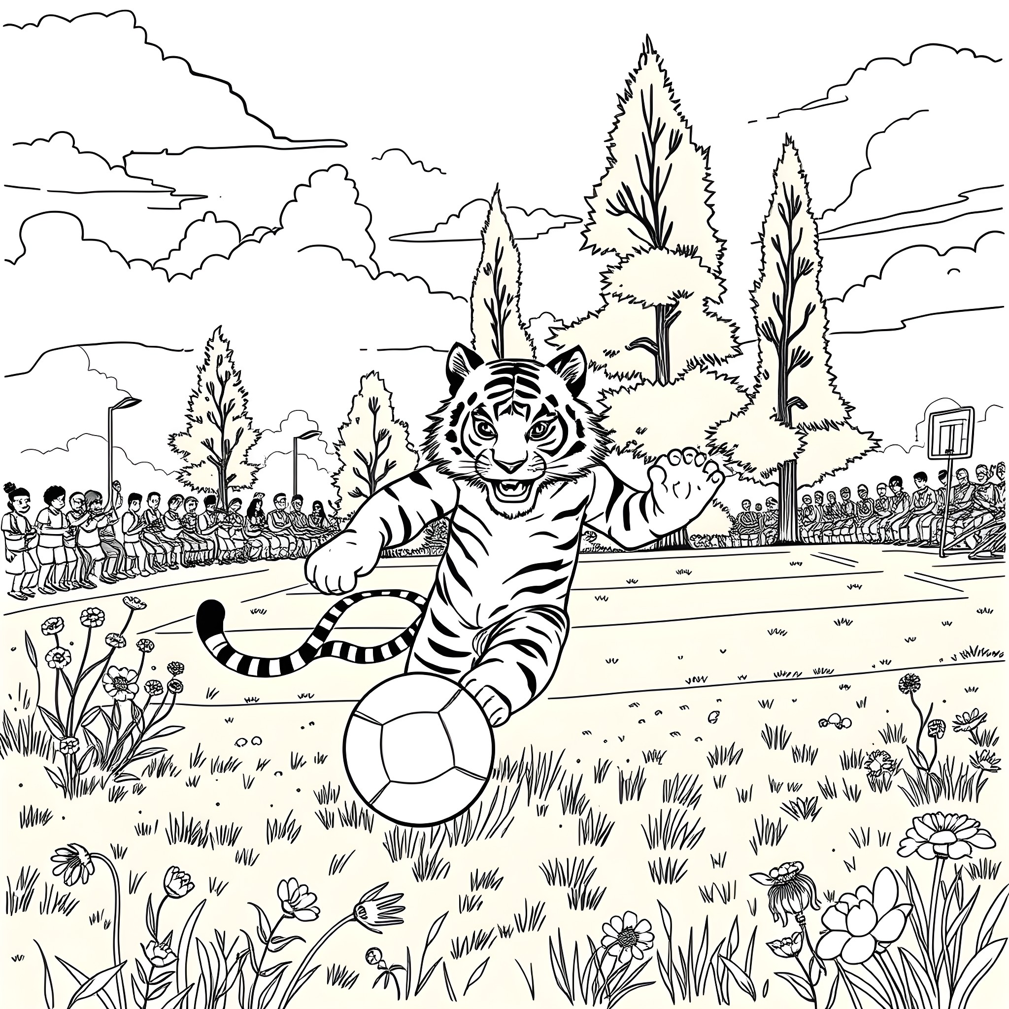 Tiger Playing Joyfully with Ball in Scenic Park Coloring Page (free black-and-white line drawing printable PDF for all, from beginners to advanced learners, including children, teens, adults, and seniors)