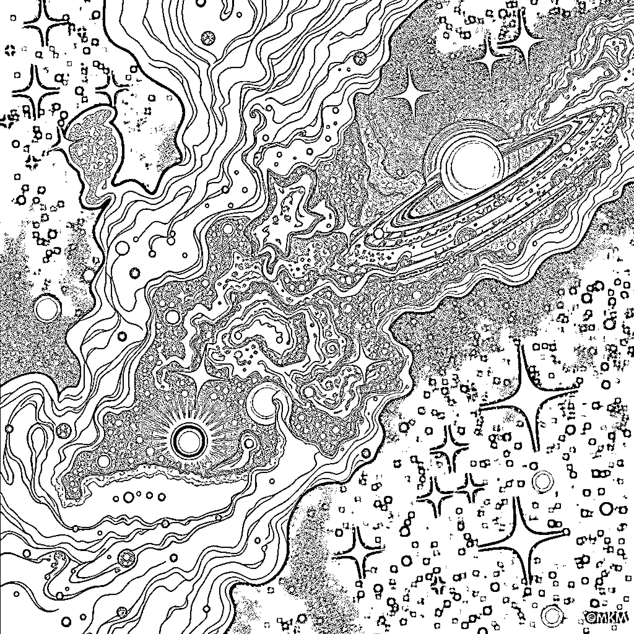 Galaxia: Cosmic Patterns and Celestial Dance Coloring Page (free black-and-white line drawing printable PDF for all, from beginners to advanced learners, including children, teens, adults, and seniors)