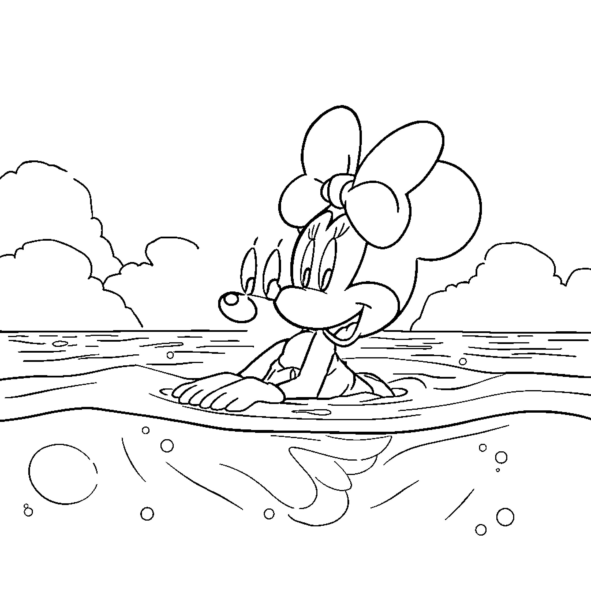 Minnie enjoying a day at the beach Coloring Page (free black-and-white line drawing printable PDF for all, from beginners to advanced learners, including children, teens, adults, and seniors)
