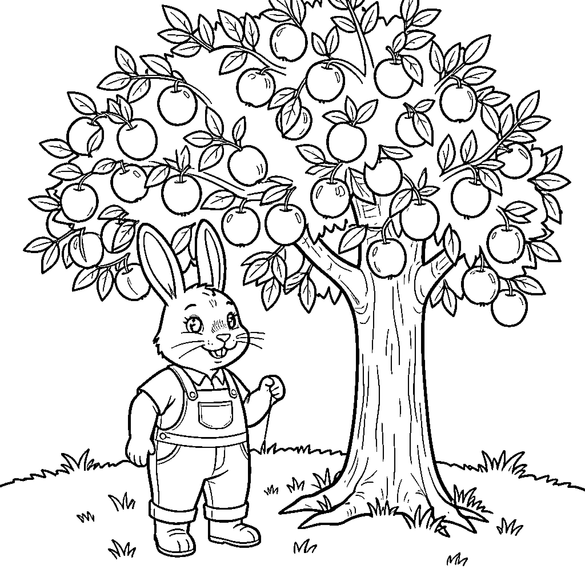 Rabbit wearing overalls standing near an apple tree Coloring Page (free black-and-white line drawing printable PDF for all, from beginners to advanced learners, including children, teens, adults, and seniors)