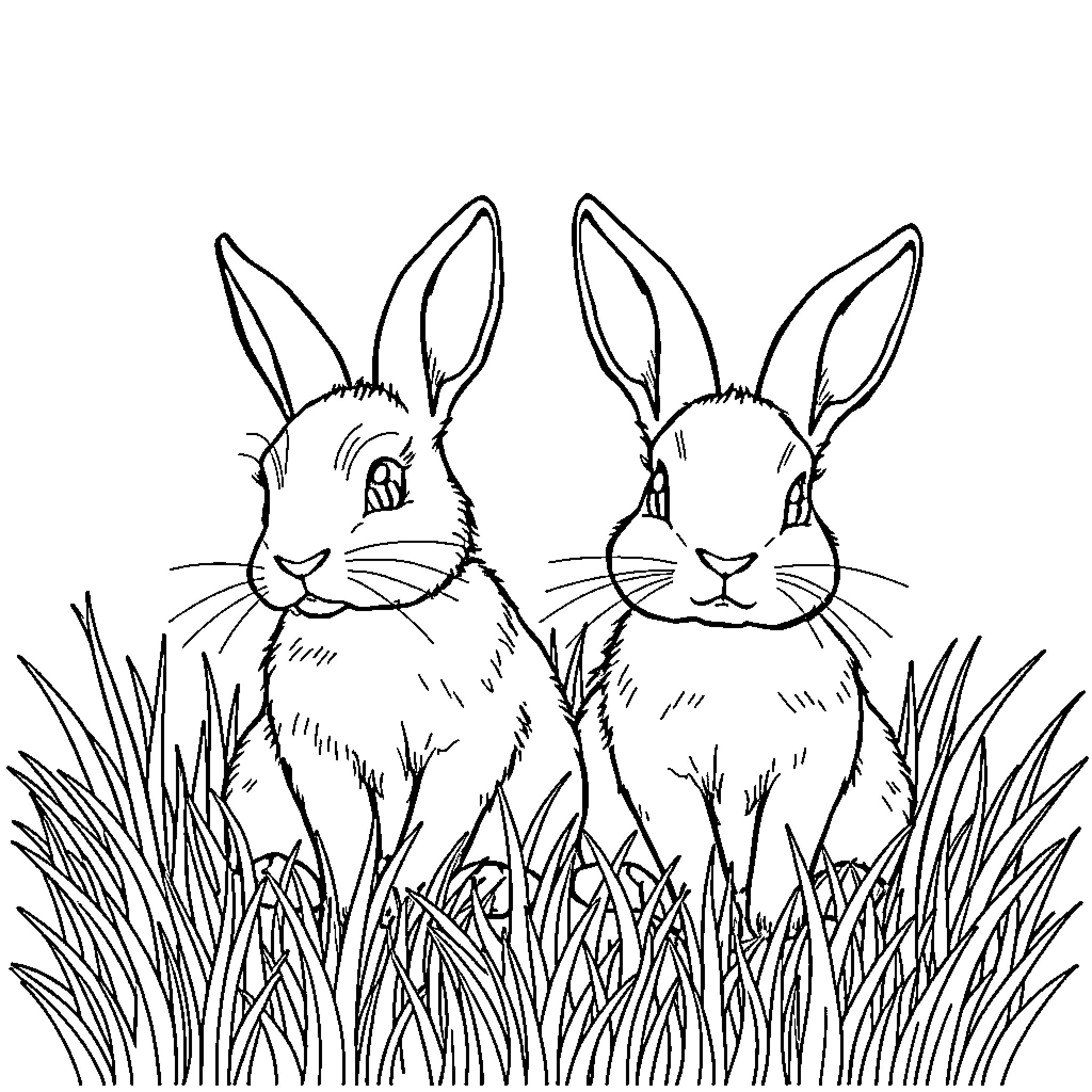 Rabbit duo relaxing in the grass Coloring Page (free black-and-white line drawing printable PDF for all, from beginners to advanced learners, including children, teens, adults, and seniors)
