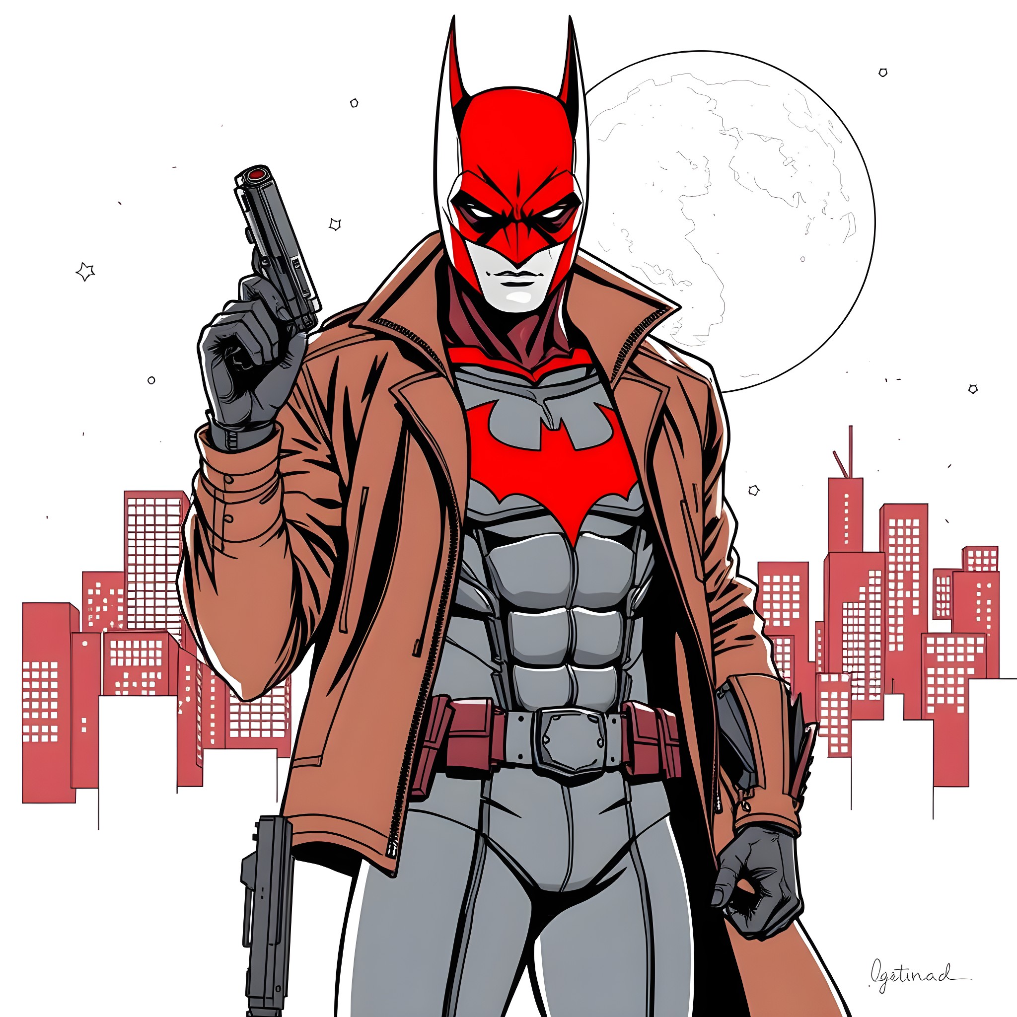 Red Hood's Nighttime Vigilante Mission in the City Coloring Page (free black-and-white line drawing printable PDF for all, from beginners to advanced learners, including children, teens, adults, and seniors)
