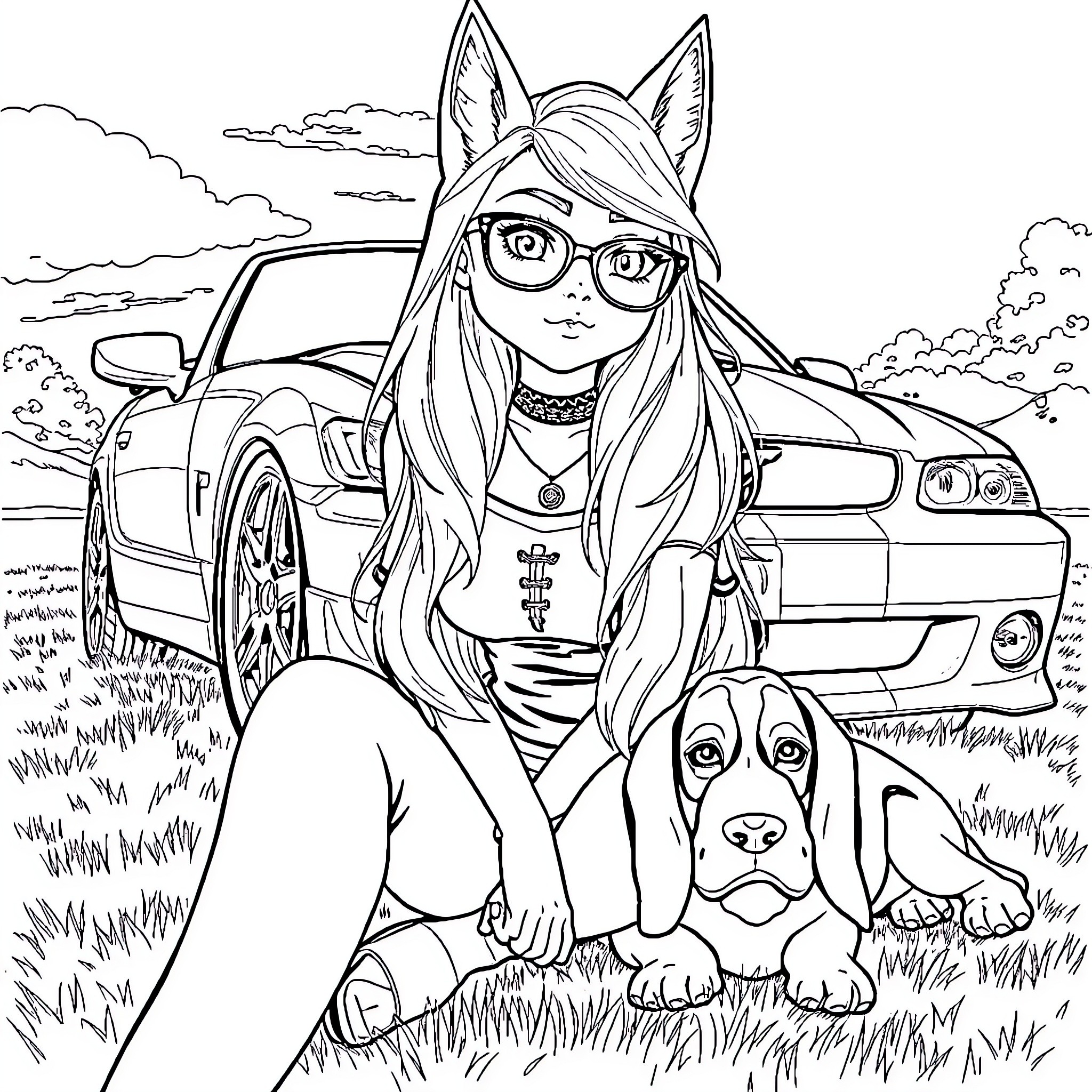 Husky girl and her pet dog by a parked car Coloring Page (free black-and-white line drawing printable PDF for all, from beginners to advanced learners, including children, teens, adults, and seniors)