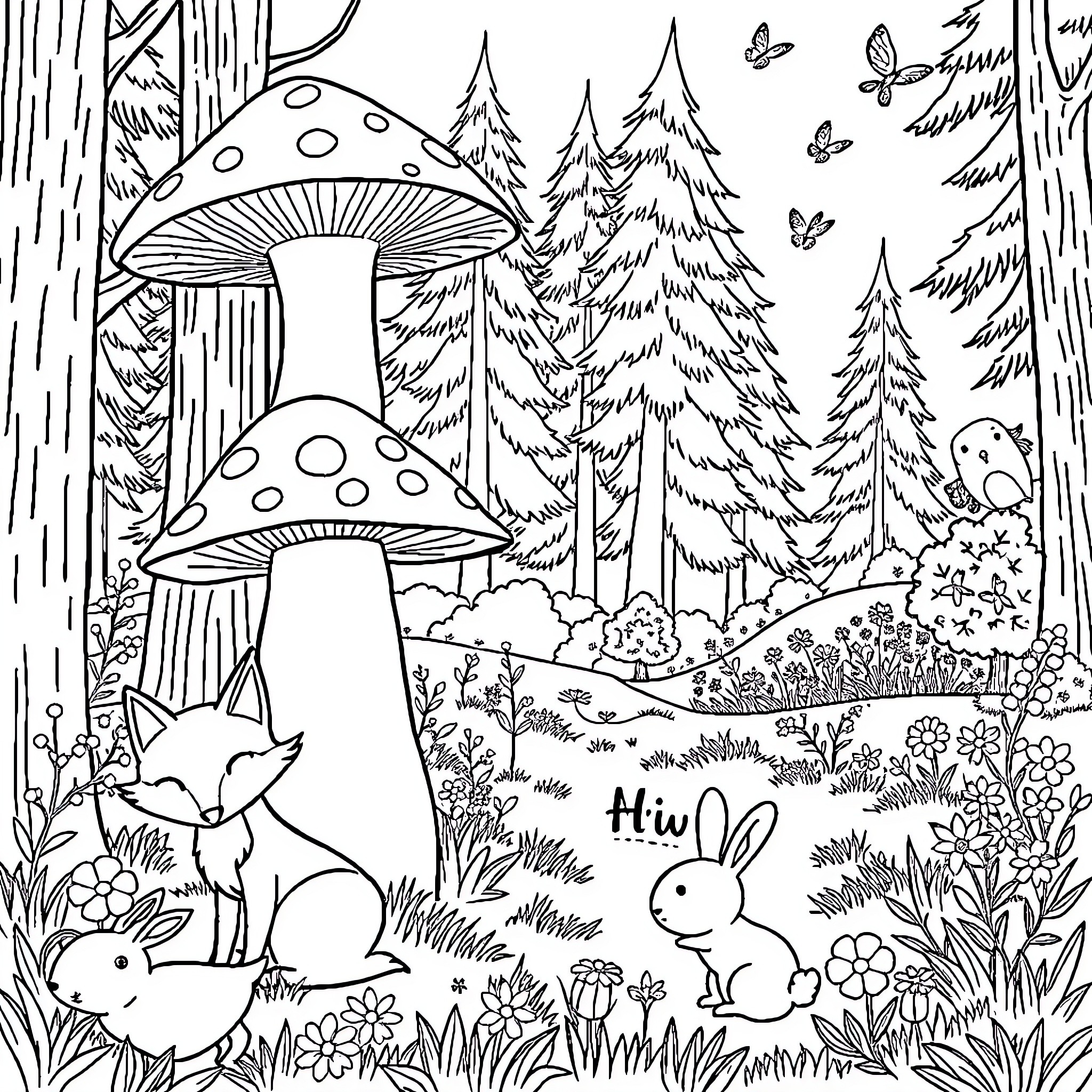 Animal Forest Scene with Mushrooms and Wildlife Coloring Page (free black-and-white line drawing printable PDF for all, from beginners to advanced learners, including children, teens, adults, and seniors)