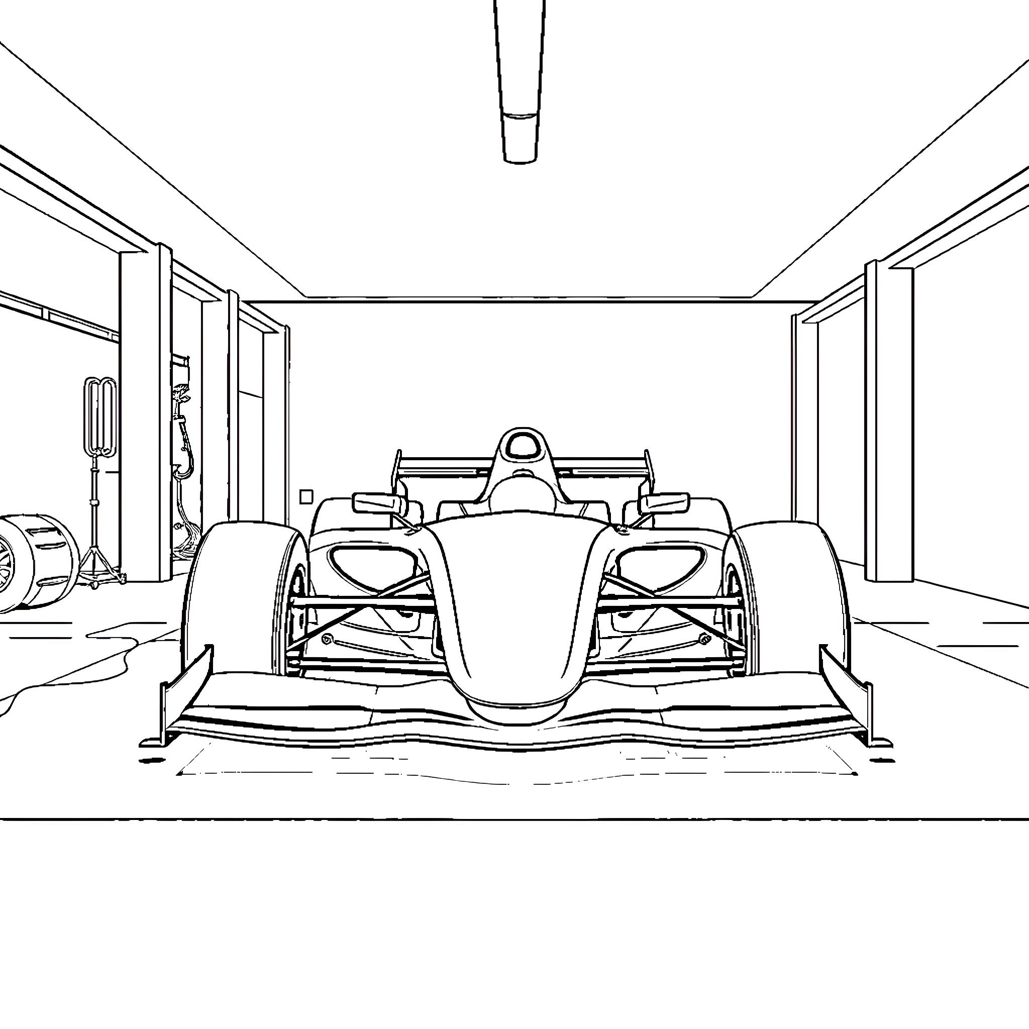 Formula 1 Car in Garage Setting Coloring Page (free black-and-white line drawing printable PDF for all, from beginners to advanced learners, including children, teens, adults, and seniors)