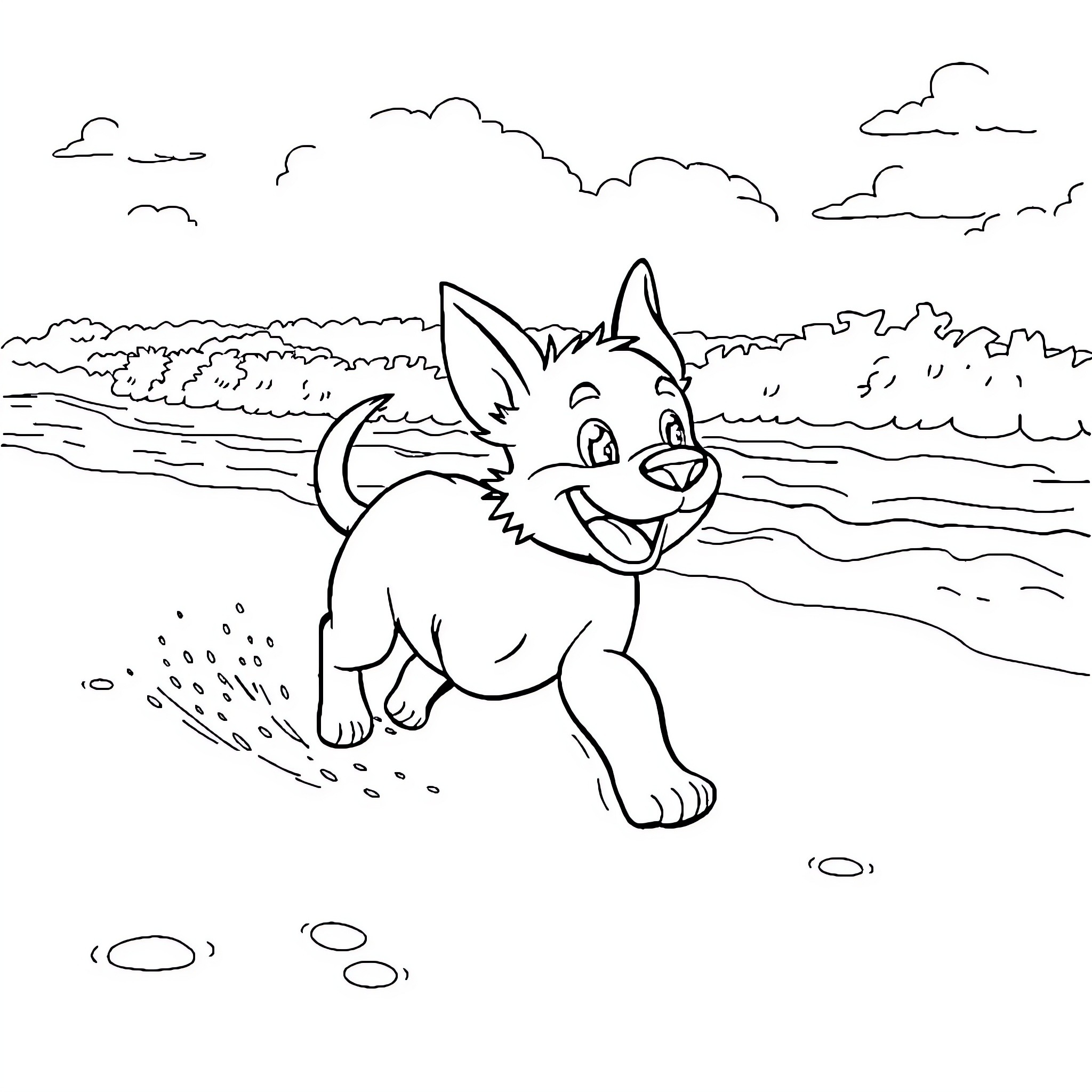 Bluey playing joyfully on the beach Coloring Page (free black-and-white line drawing printable PDF for all, from beginners to advanced learners, including children, teens, adults, and seniors)