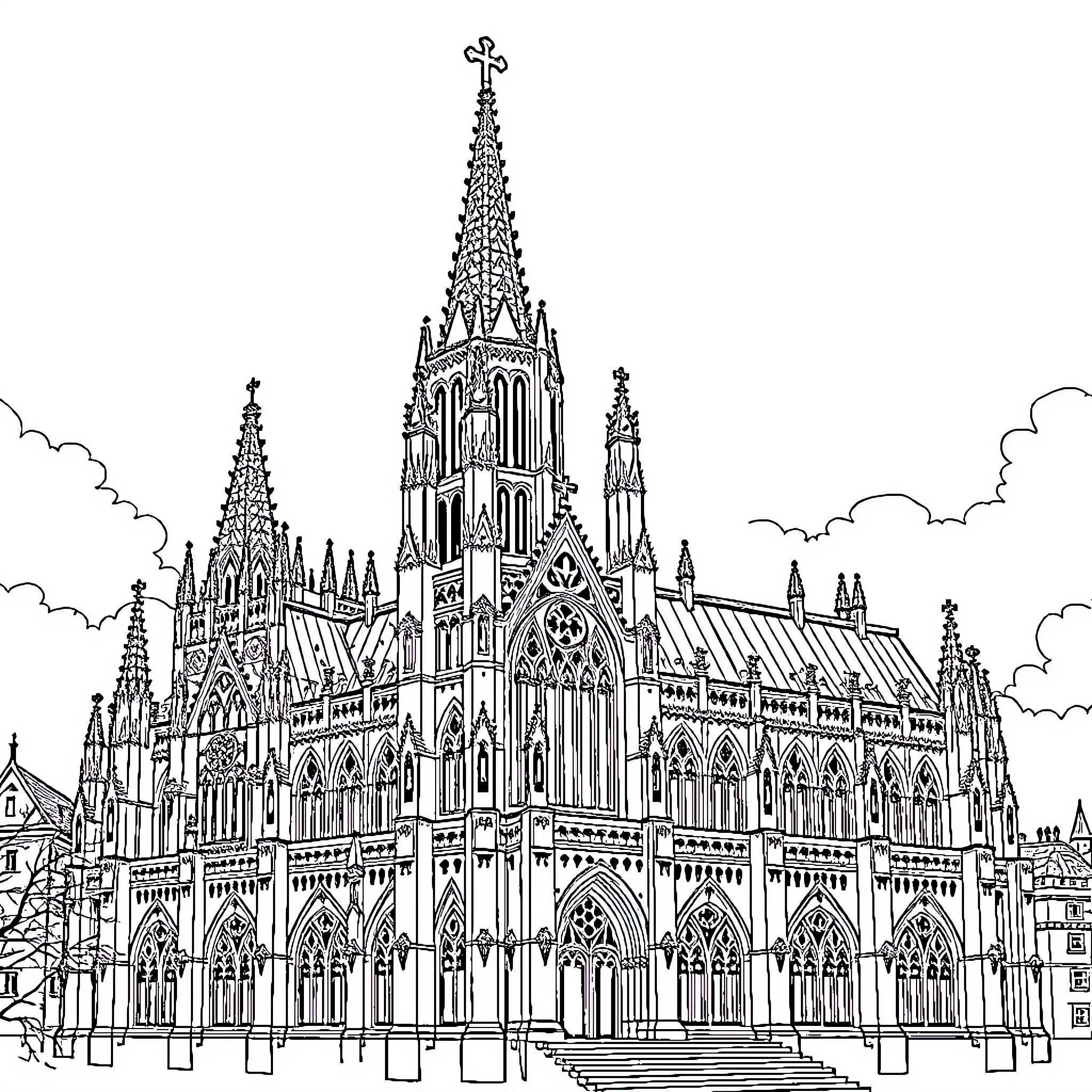 Gothic cathedral with ornate spires and arched windows Coloring Page (free black-and-white line drawing printable PDF for all, from beginners to advanced learners, including children, teens, adults, and seniors)