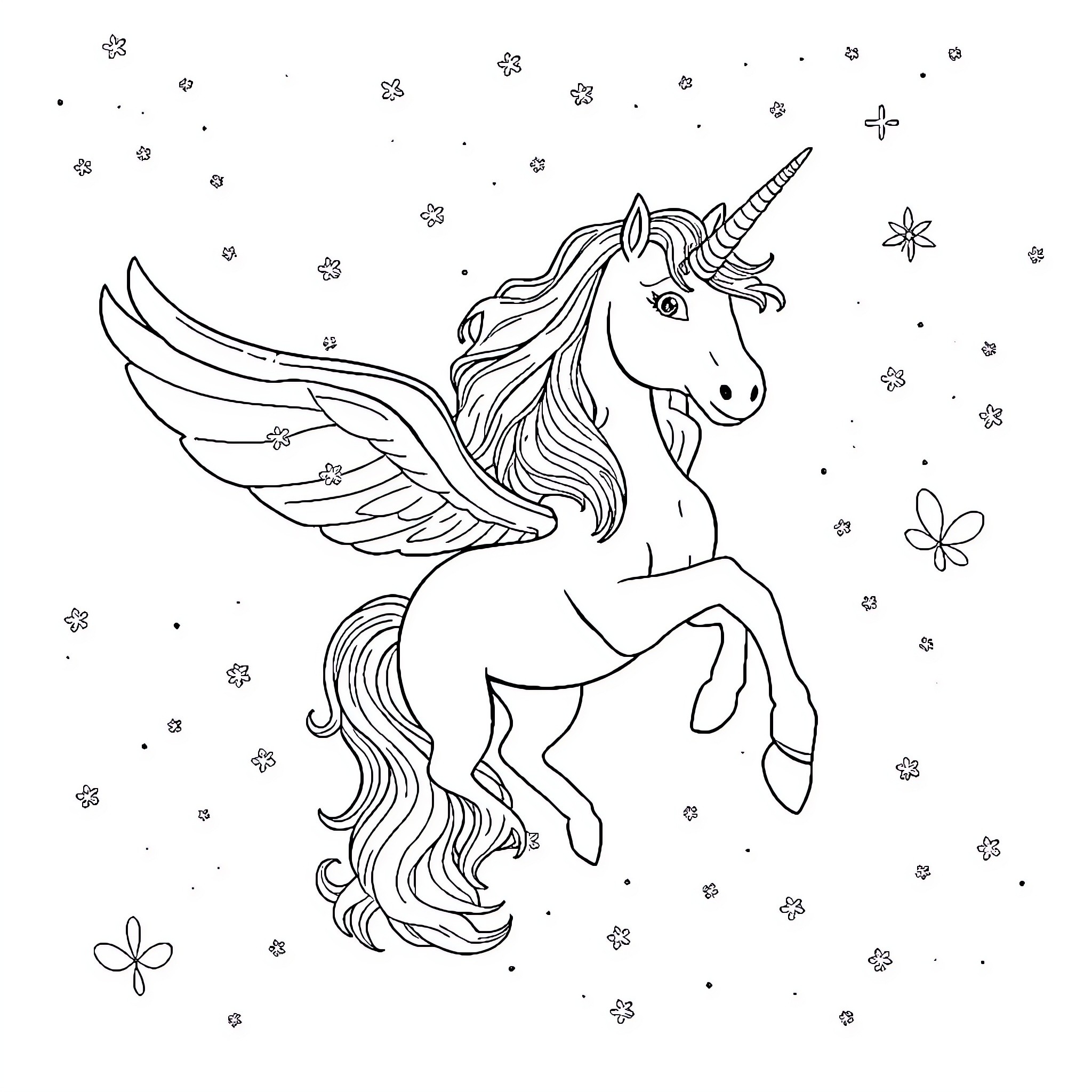 Unicorn flying amidst stars and butterflies Coloring Page (free black-and-white line drawing printable PDF for all, from beginners to advanced learners, including children, teens, adults, and seniors)