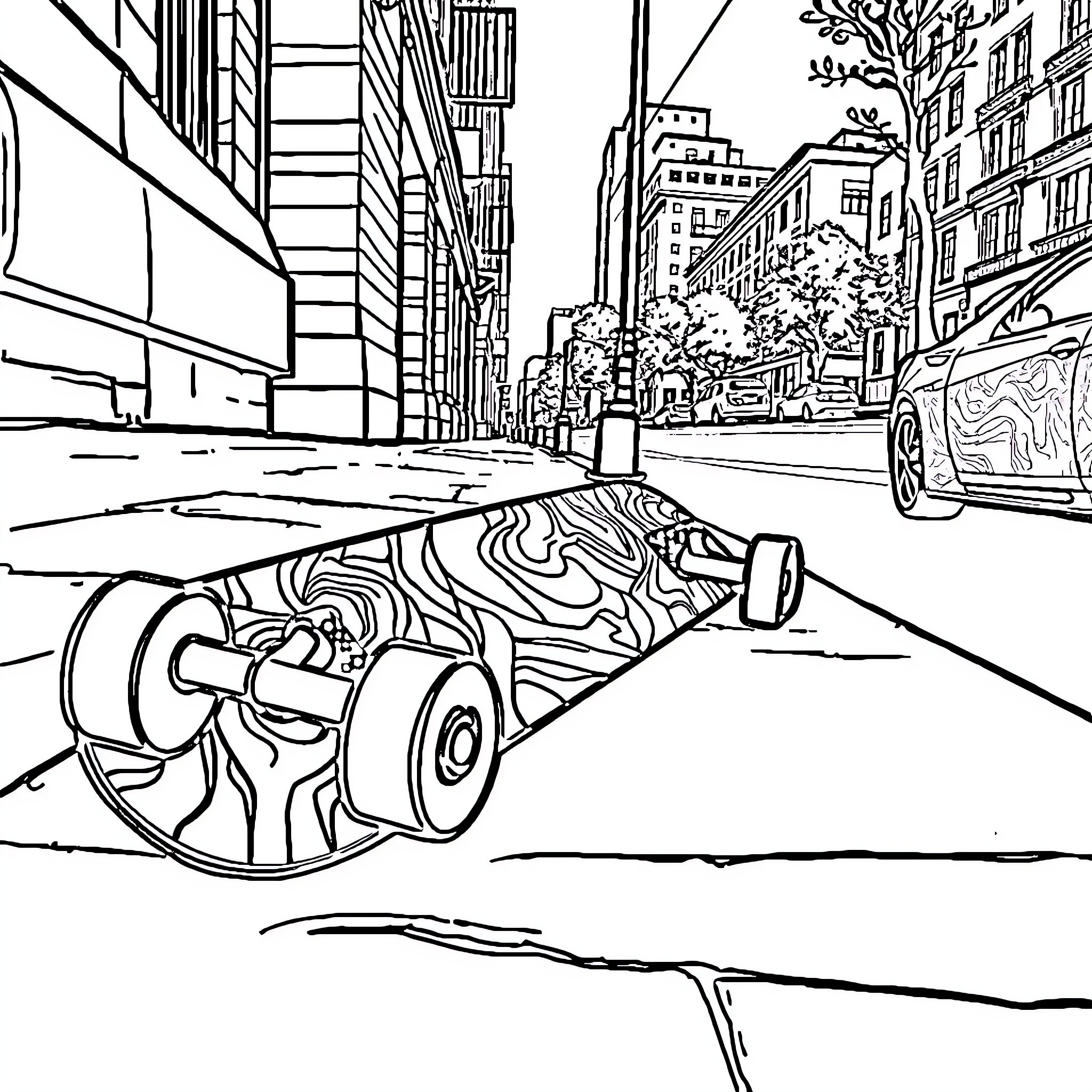 Skateboard speeding through the city streets Coloring Page (free black-and-white line drawing printable PDF for all, from beginners to advanced learners, including children, teens, adults, and seniors)