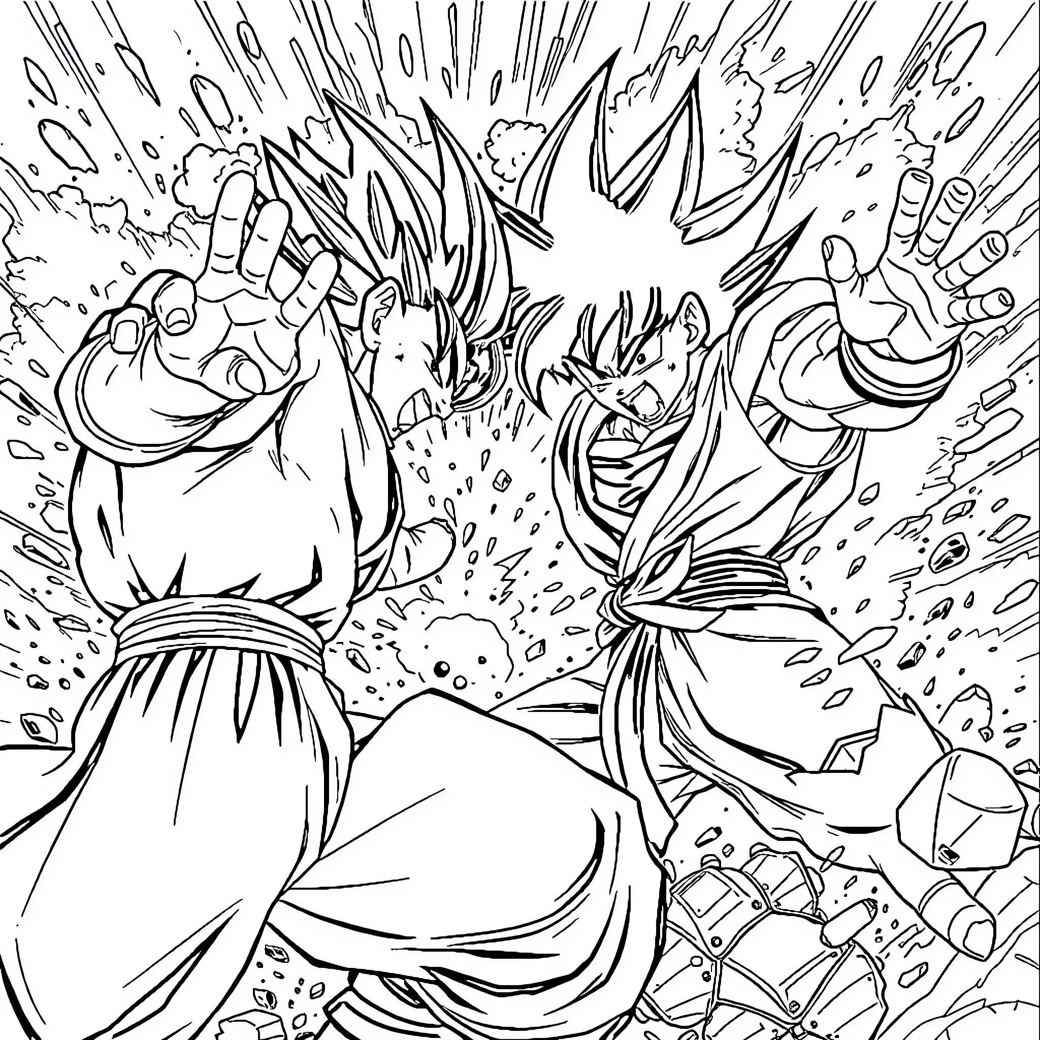 Goku Black showcasing his powerful attack Coloring Page (free black-and-white line drawing printable PDF for all, from beginners to advanced learners, including children, teens, adults, and seniors)