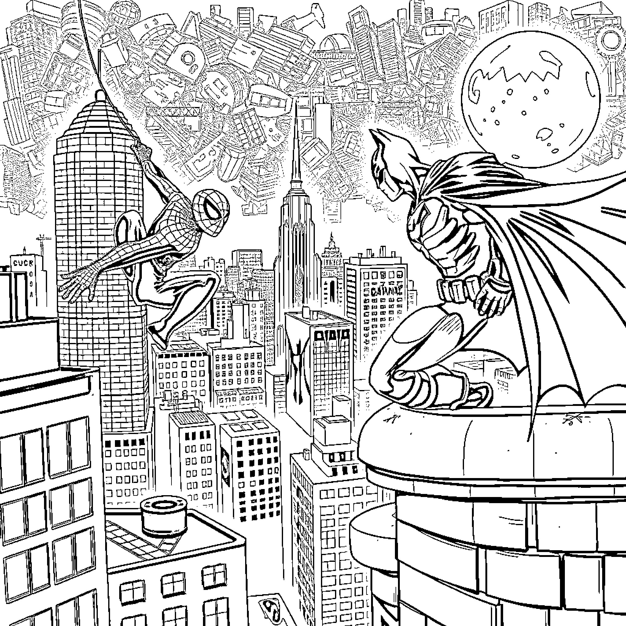 Spiderman swinging through the bustling city skyline Coloring Page (free black-and-white line drawing printable PDF for all, from beginners to advanced learners, including children, teens, adults, and seniors)