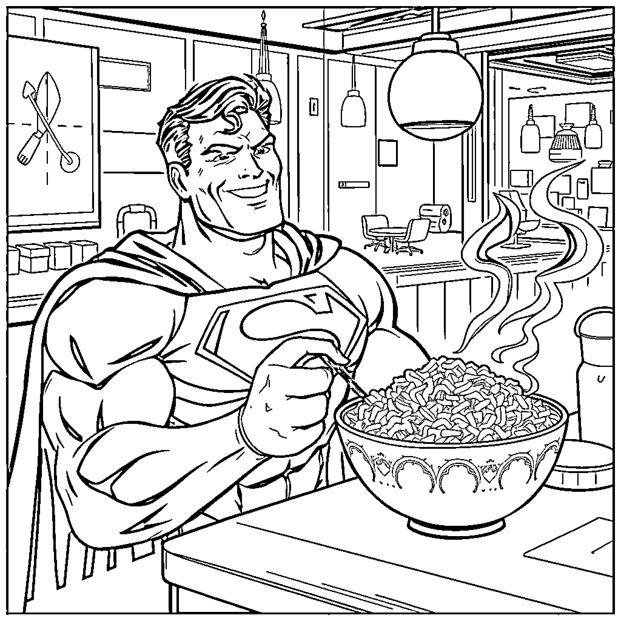 Superman Enjoying a Hearty Meal in his Workspace Coloring Page (free black-and-white line drawing printable PDF for all, from beginners to advanced learners, including children, teens, adults, and seniors)