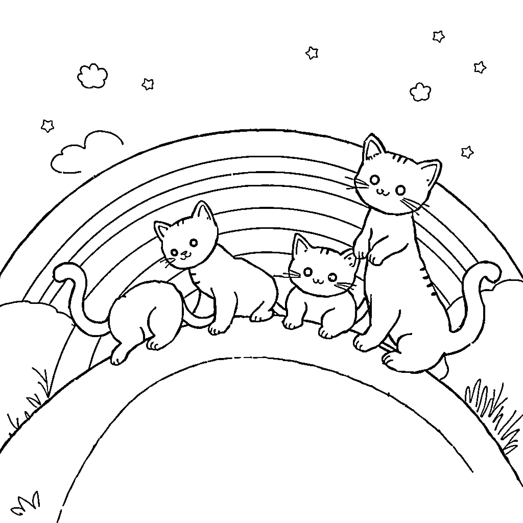 Cute Kittens Playing Under a Rainbow Coloring Page (free black-and-white line drawing printable PDF for all, from beginners to advanced learners, including children, teens, adults, and seniors)