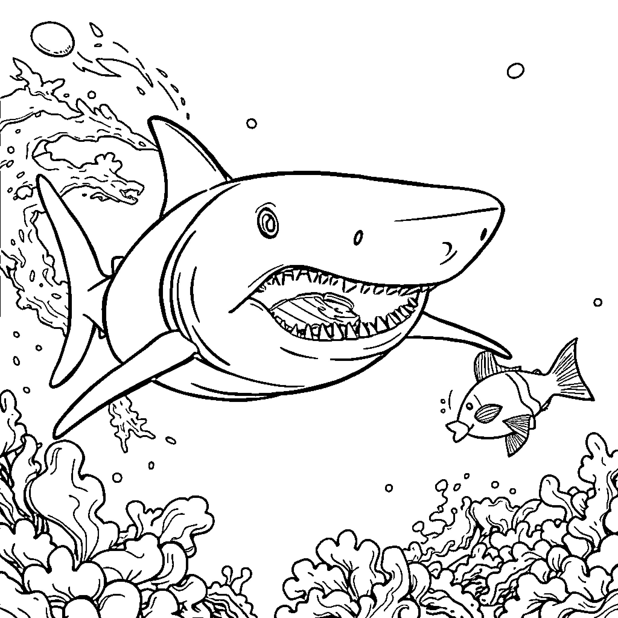 Shark hunting fish in the ocean Coloring Page (free black-and-white line drawing printable PDF for all, from beginners to advanced learners, including children, teens, adults, and seniors)