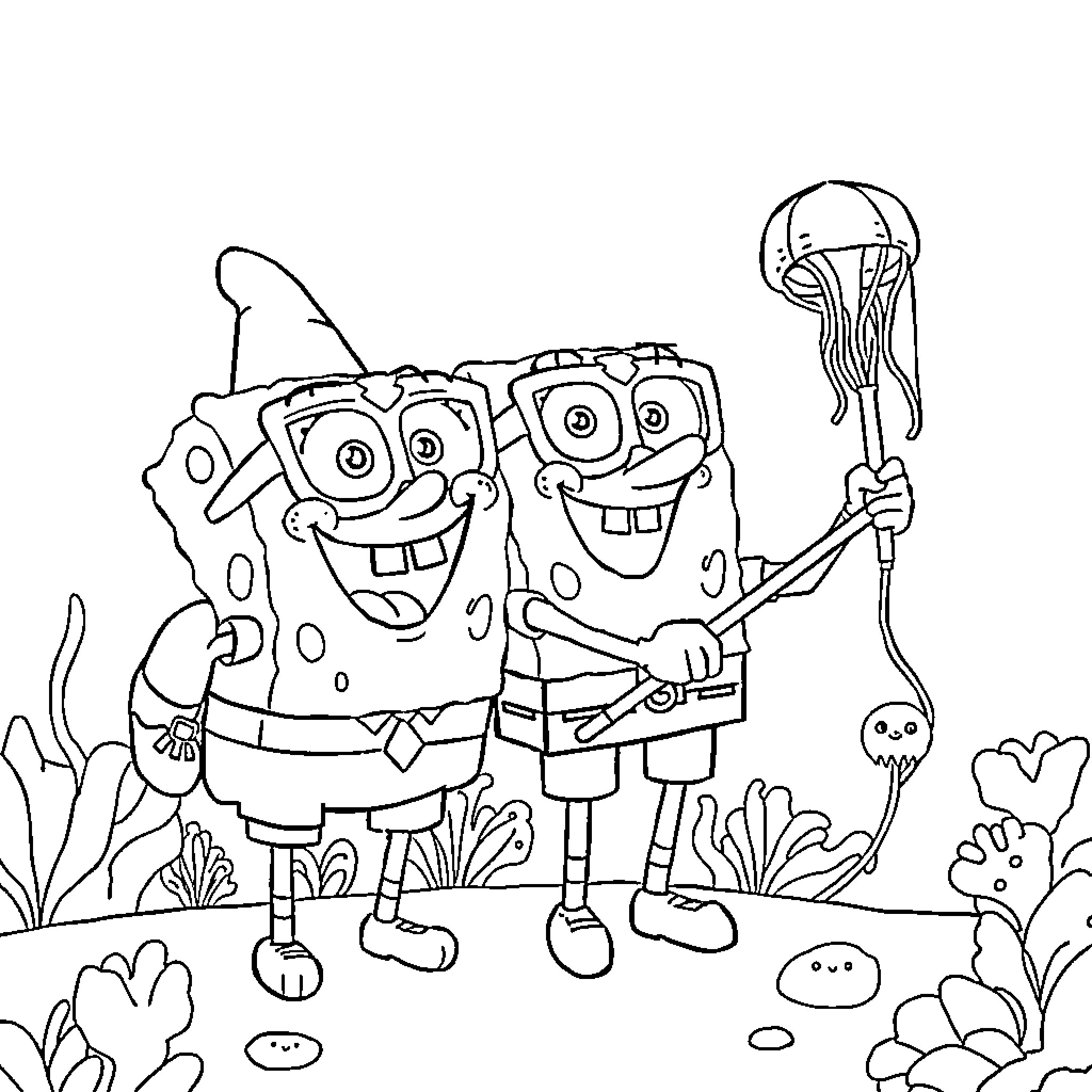 Spongebob and Patrick Exploring the Underwater World Coloring Page (free black-and-white line drawing printable PDF for all, from beginners to advanced learners, including children, teens, adults, and seniors)