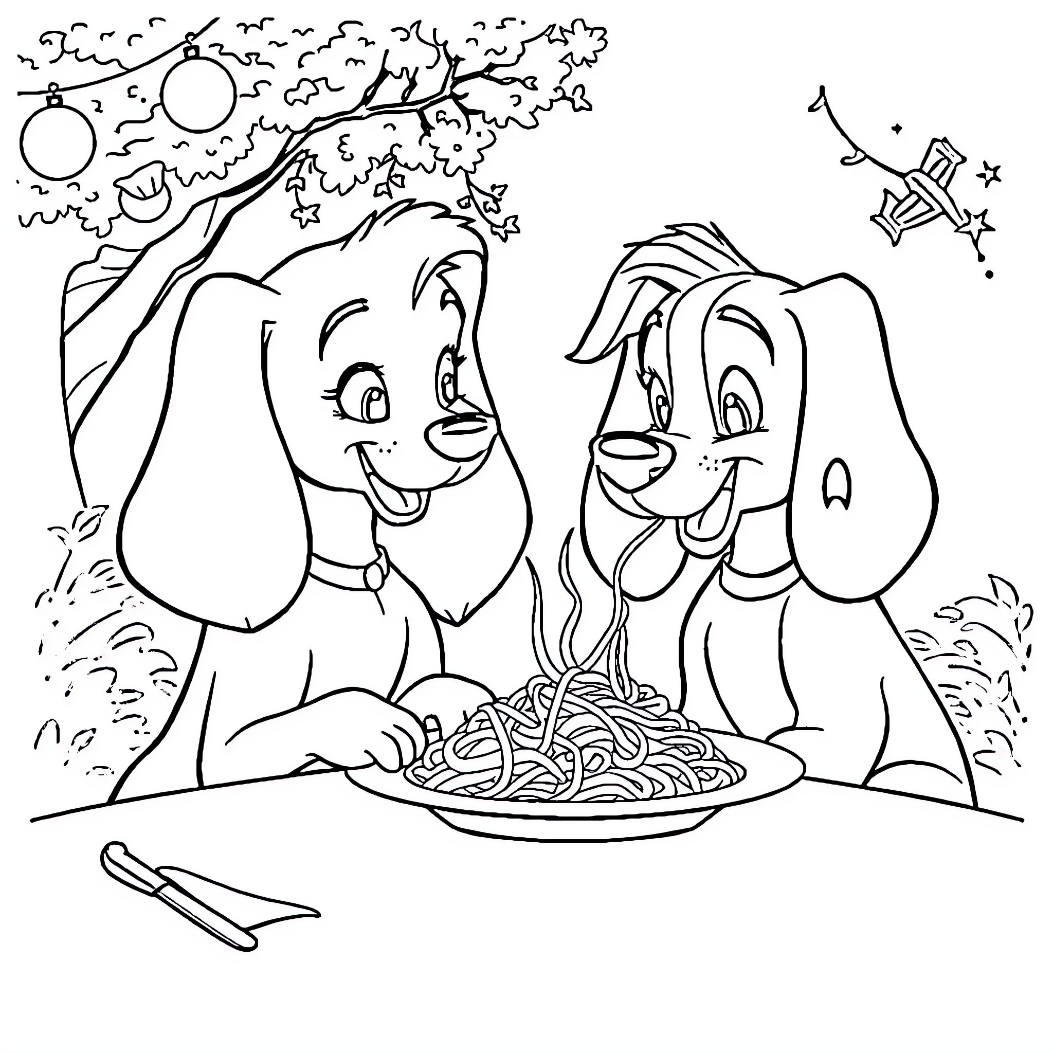Lady And The Tramp Sharing A Romantic Spaghetti Dinner Coloring Page (free black-and-white line drawing printable PDF for all, from beginners to advanced learners, including children, teens, adults, and seniors)