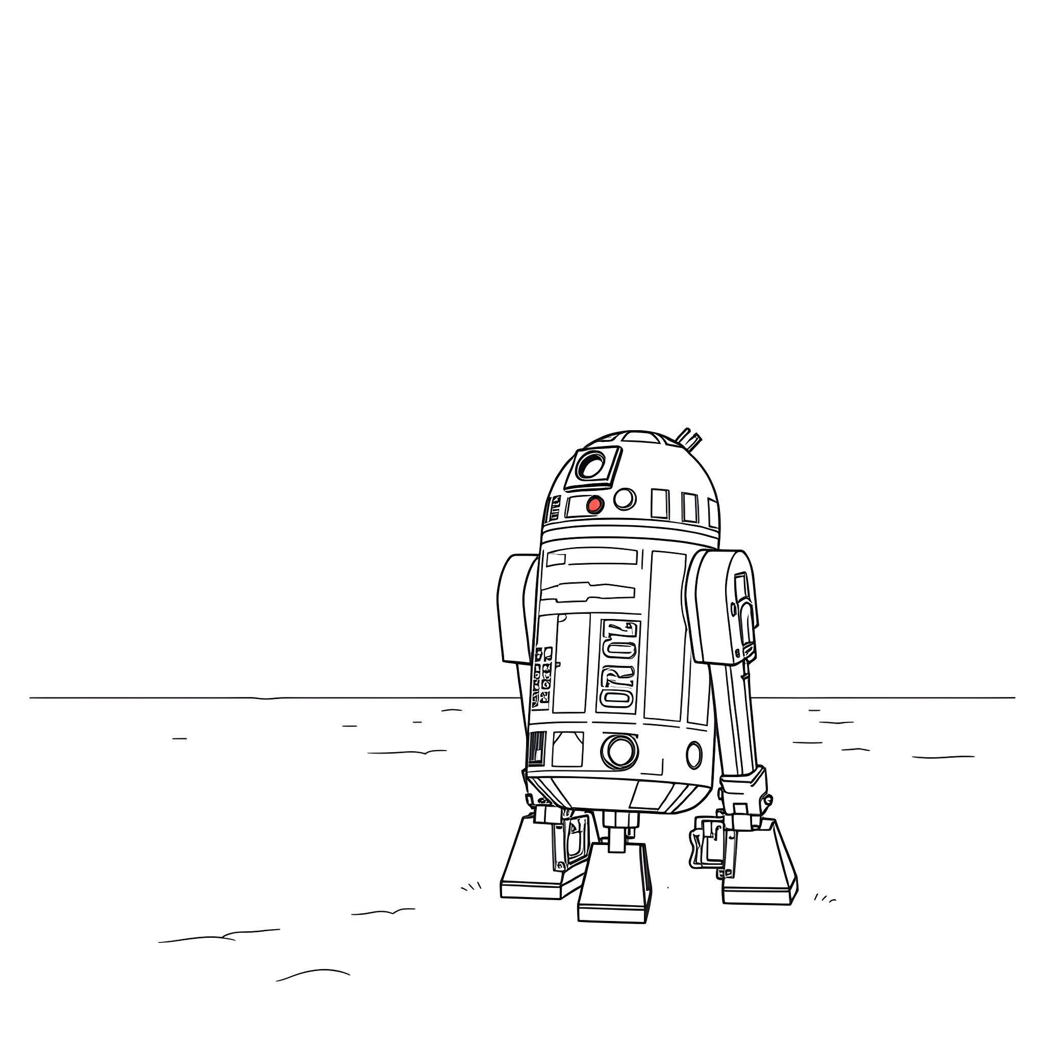 R2D2 standing alone in a desolate landscape Coloring Page (free black-and-white line drawing printable PDF for all, from beginners to advanced learners, including children, teens, adults, and seniors)