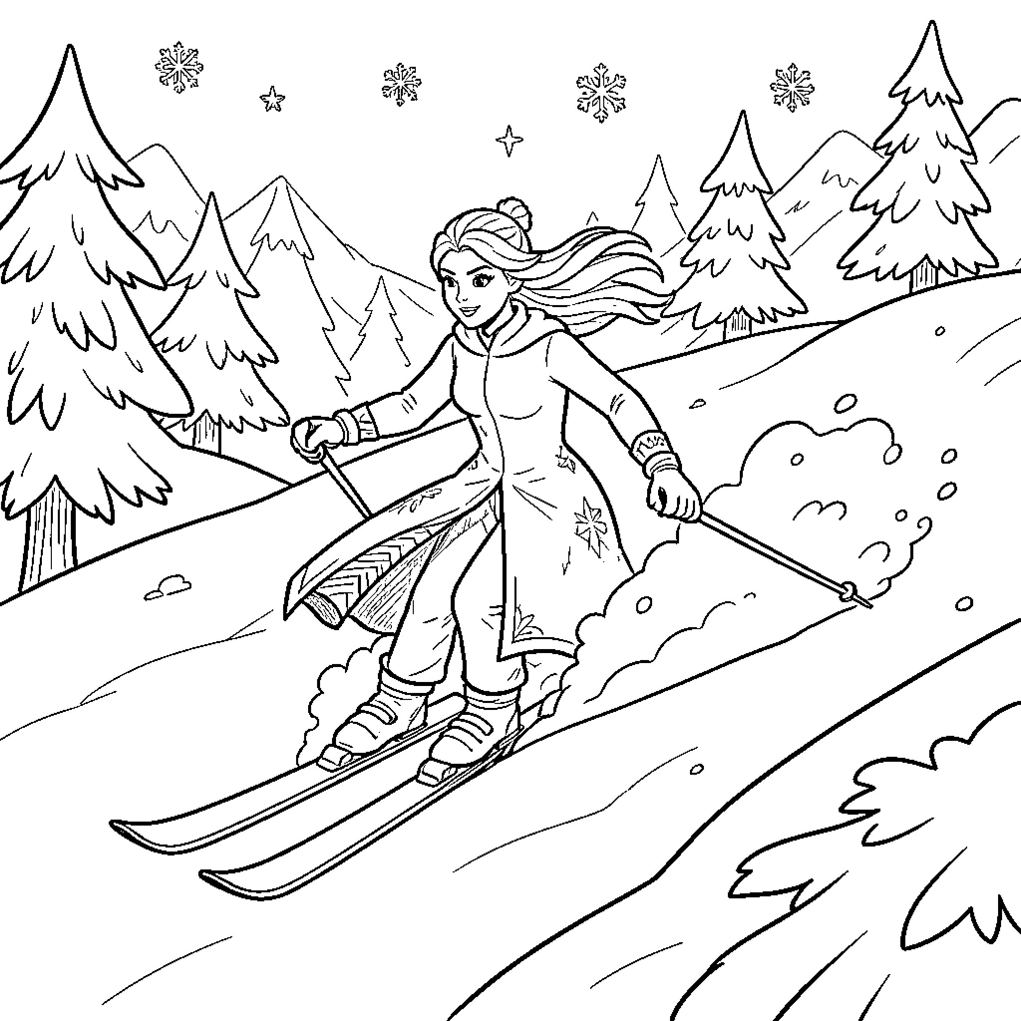 Snow Queen skiing down a mountain slope Coloring Page (free black-and-white line drawing printable PDF for all, from beginners to advanced learners, including children, teens, adults, and seniors)