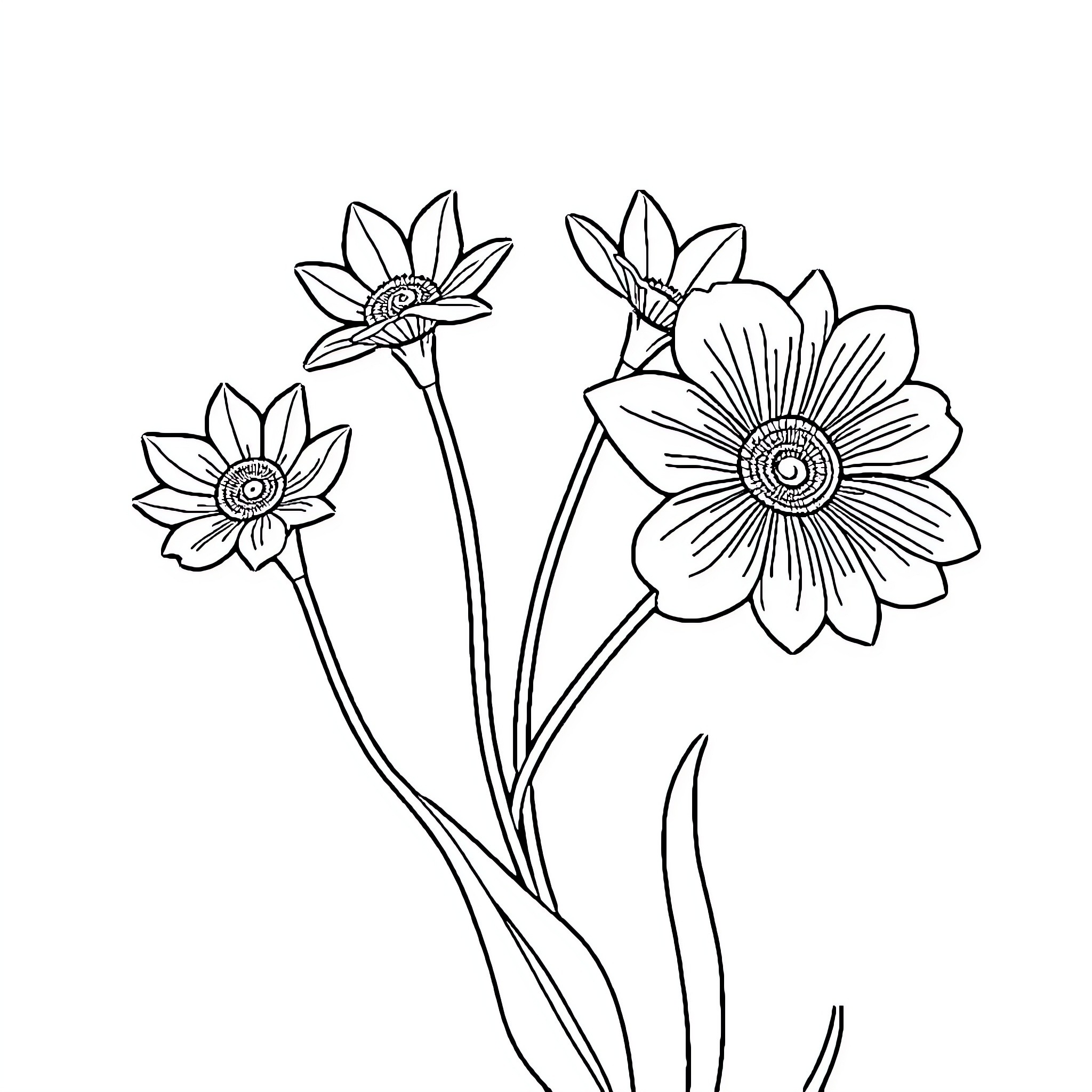 Aesthetic Floral Arrangement with Stylized Blossoms Coloring Page (free black-and-white line drawing printable PDF for all, from beginners to advanced learners, including children, teens, adults, and seniors)